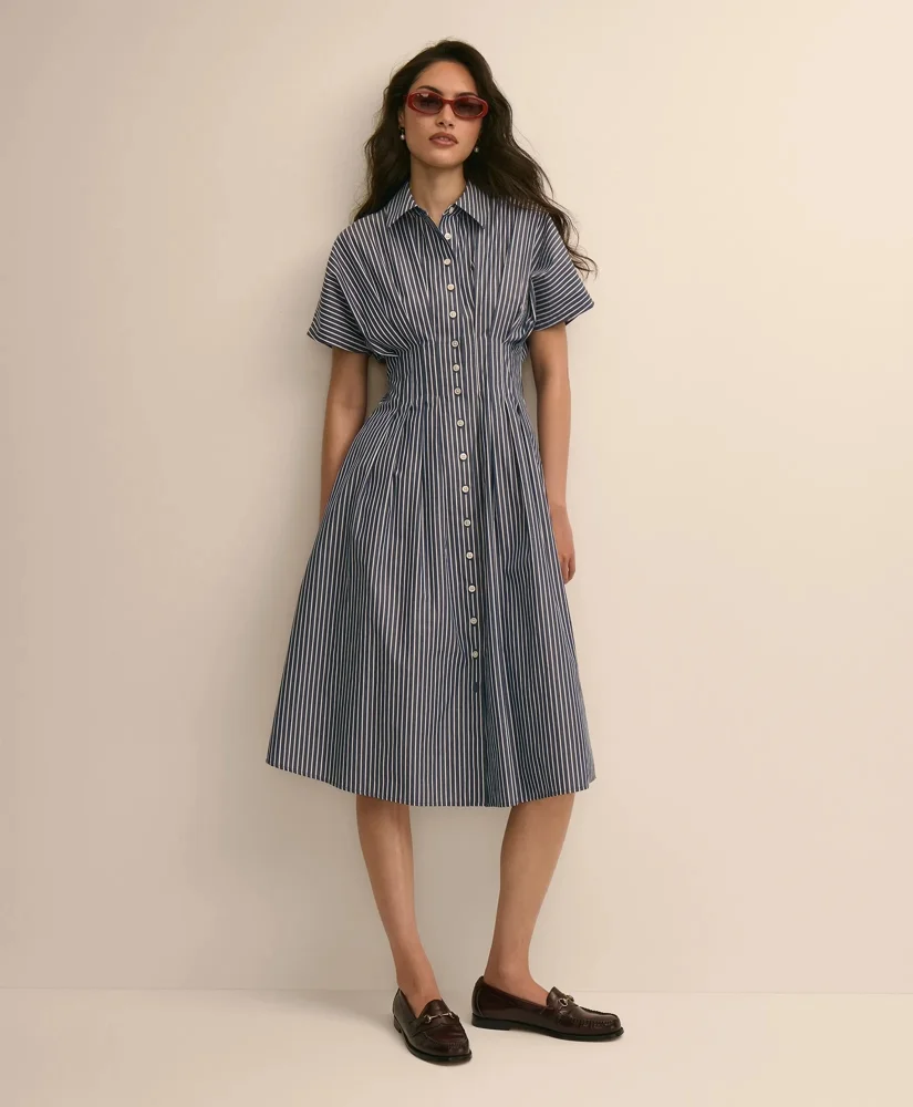 Supima® Cotton Pleated Striped A-Line Shirtdress - 1