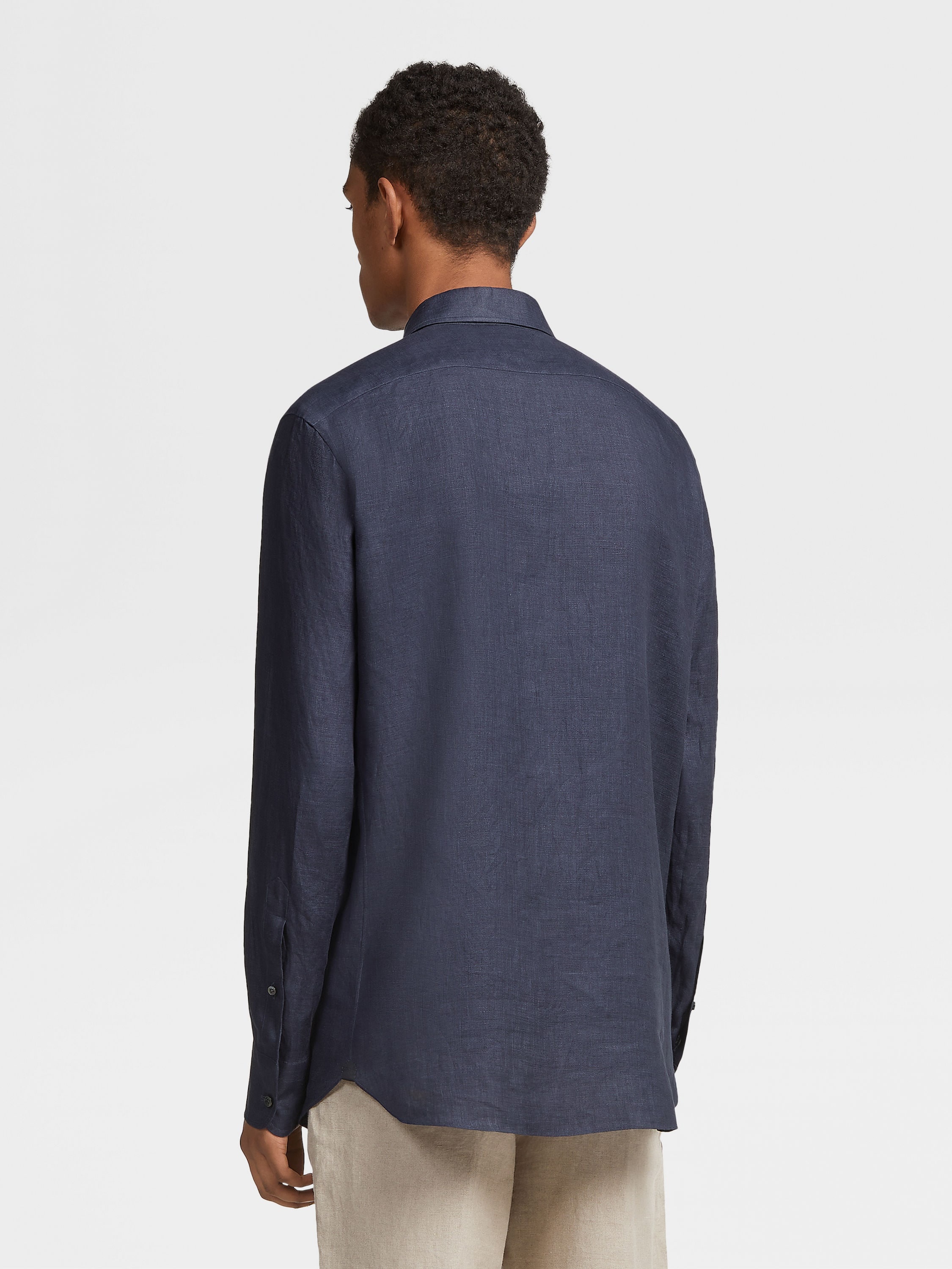 NAVY BLUE PURE LINEN LONG-SLEEVE SHIRT - 4