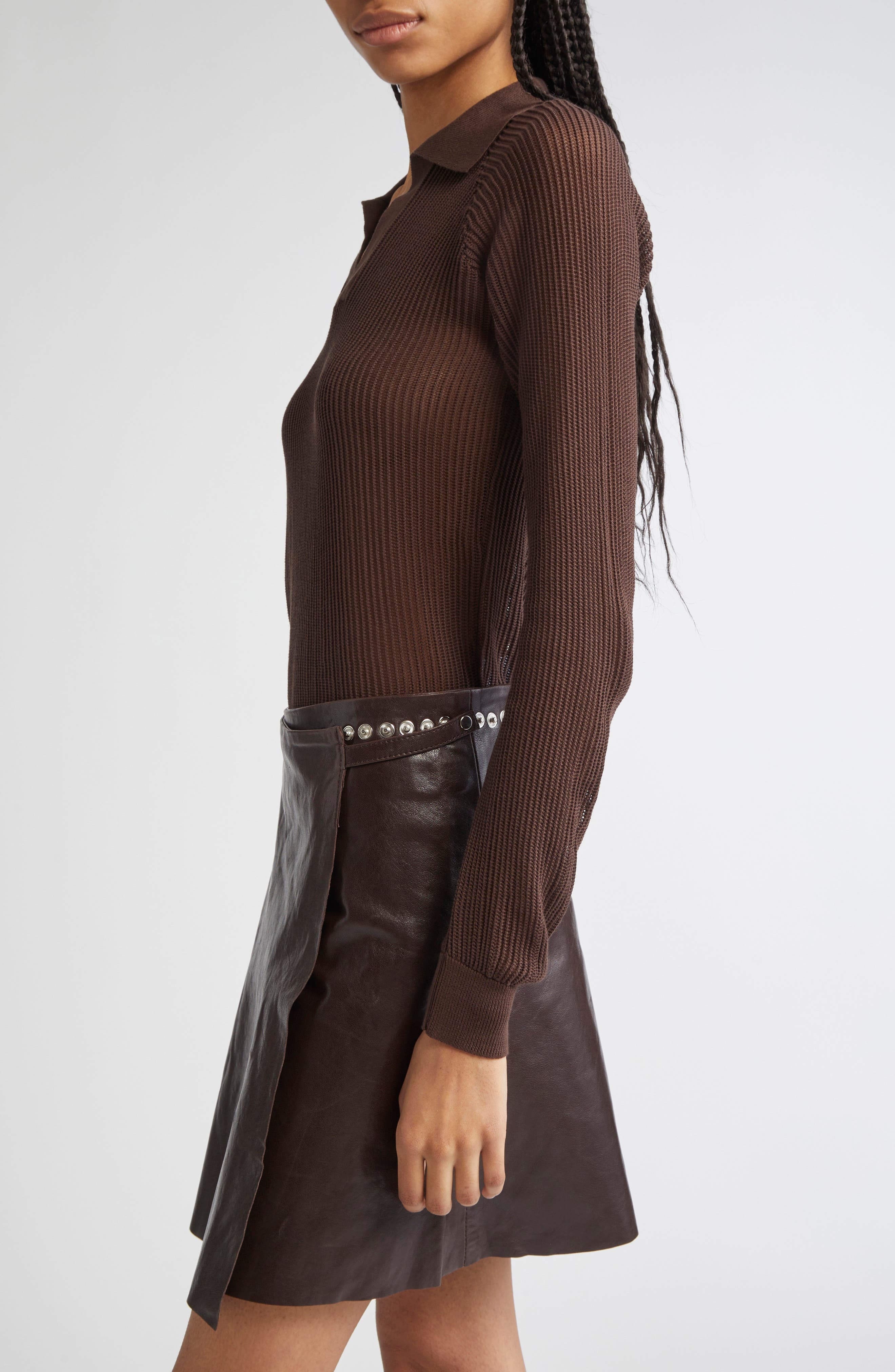 Paloma Wool Dandy Open Stitch Long Sleeve Polo in Brown at Nordstrom - 4