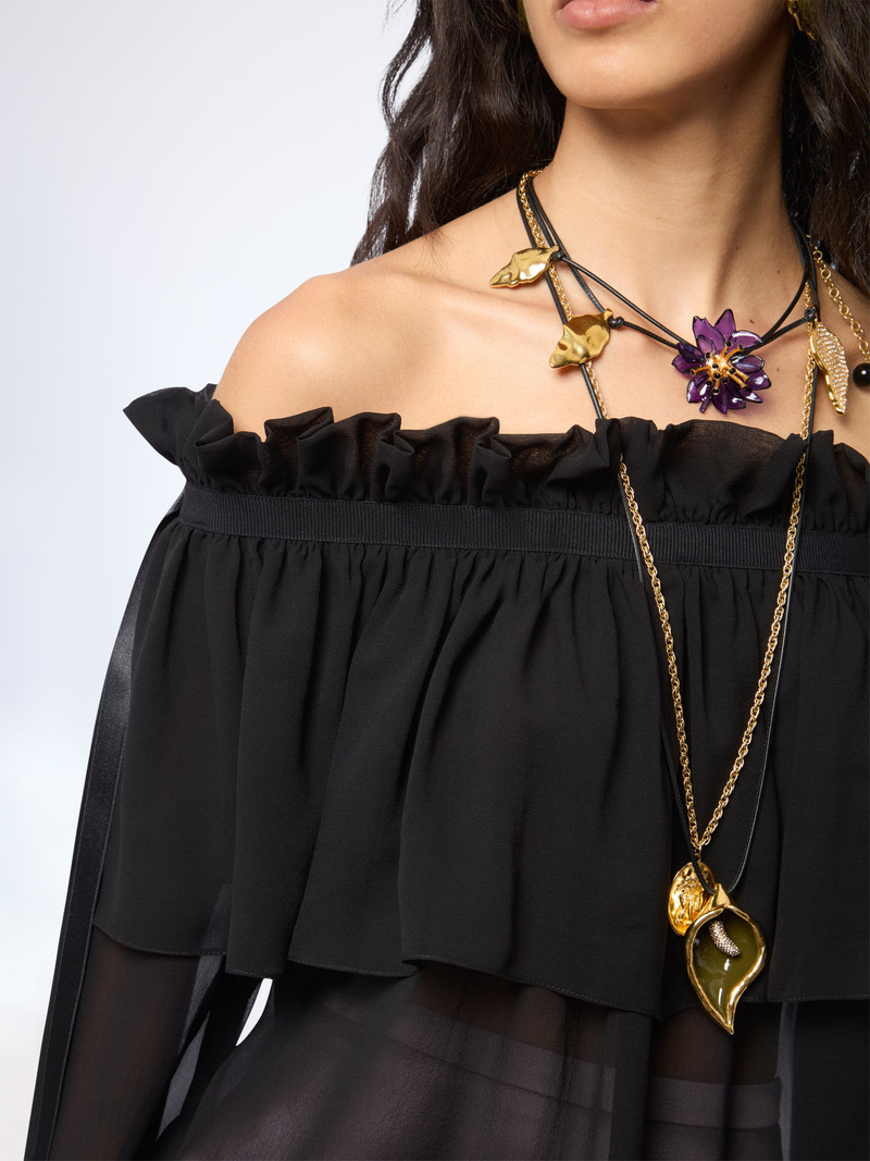 Black Boat Neck Silk Top With Bow Details 3