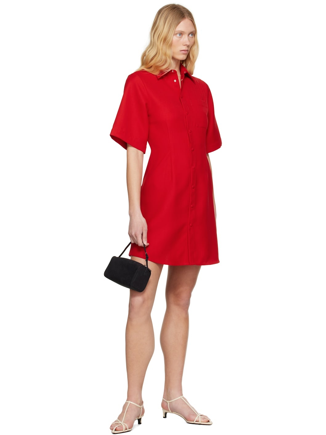 Red Wool Short Sleeve Shirt Minidress - 4