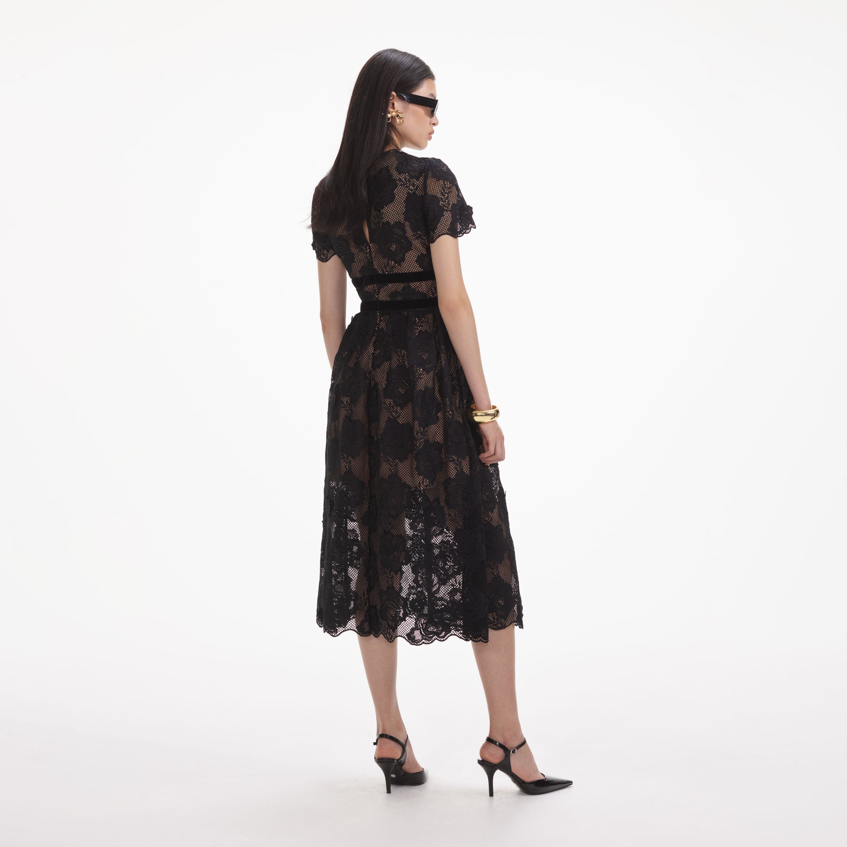 Black Lace Velvet Bow Midi Dress - 10