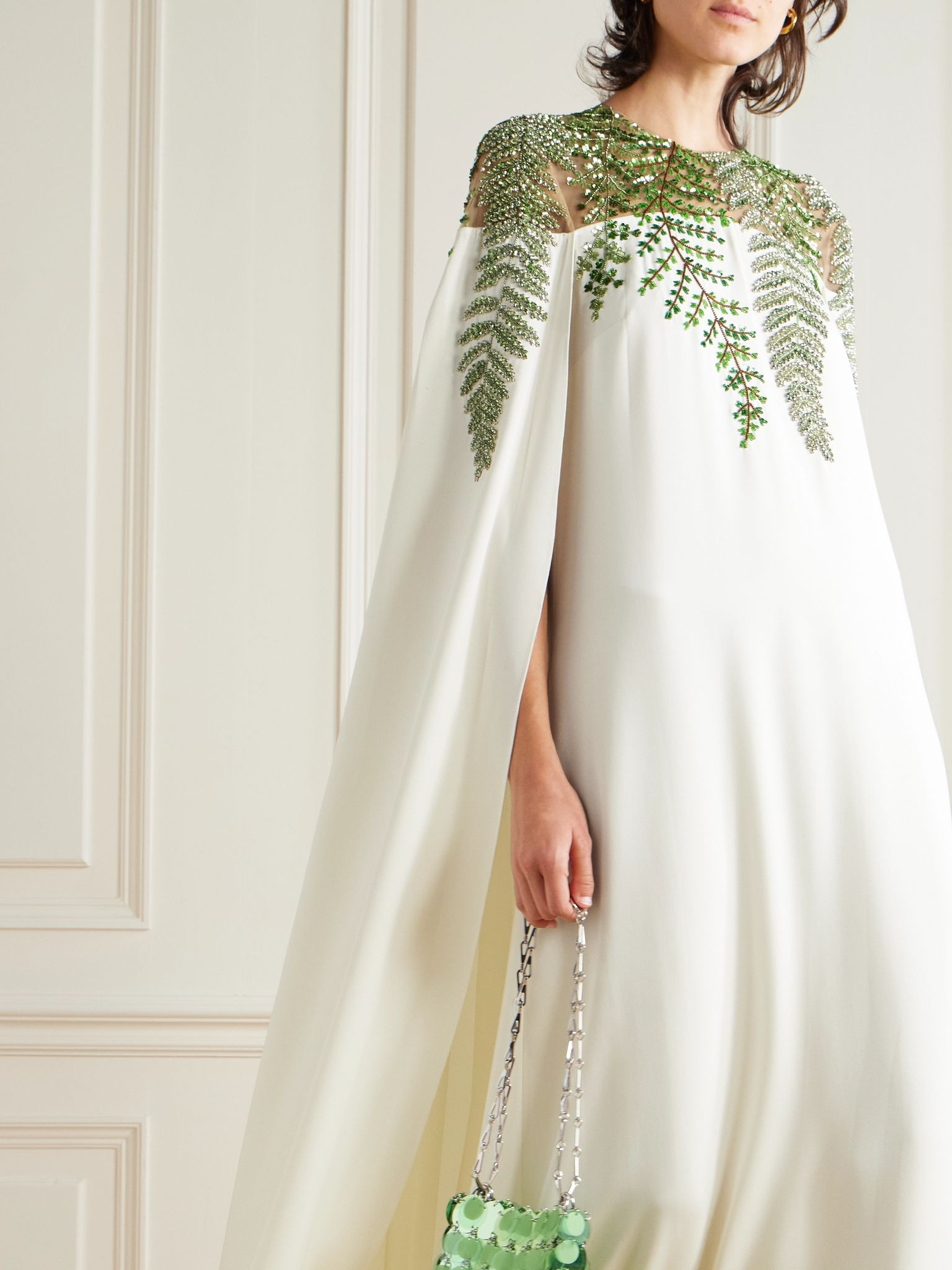Cape-effect embellished silk-blend crepe and organza gown Ivory - 5