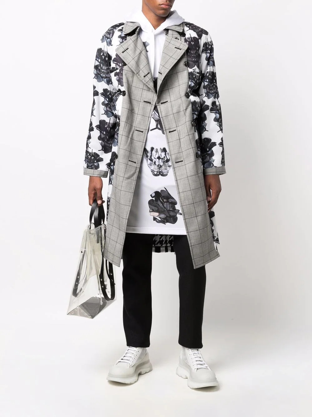 check-panelled floral-print coat - 2