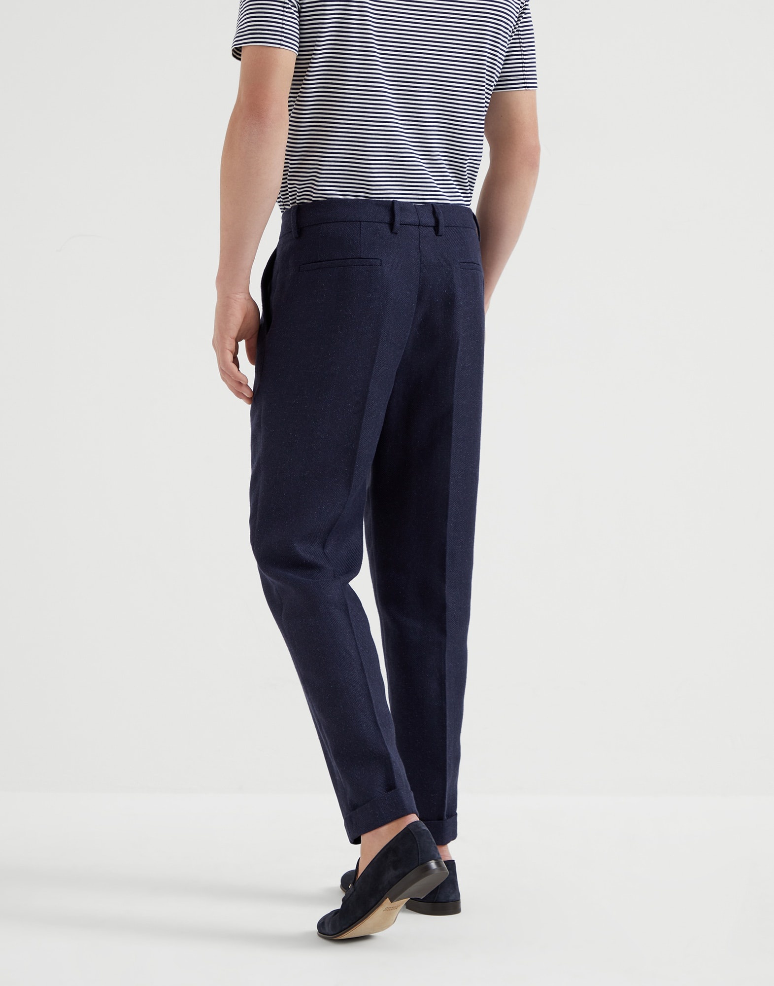 Linen, silk, wool and cotton textured stripe diagonal leisure fit trousers with double pleats - 2