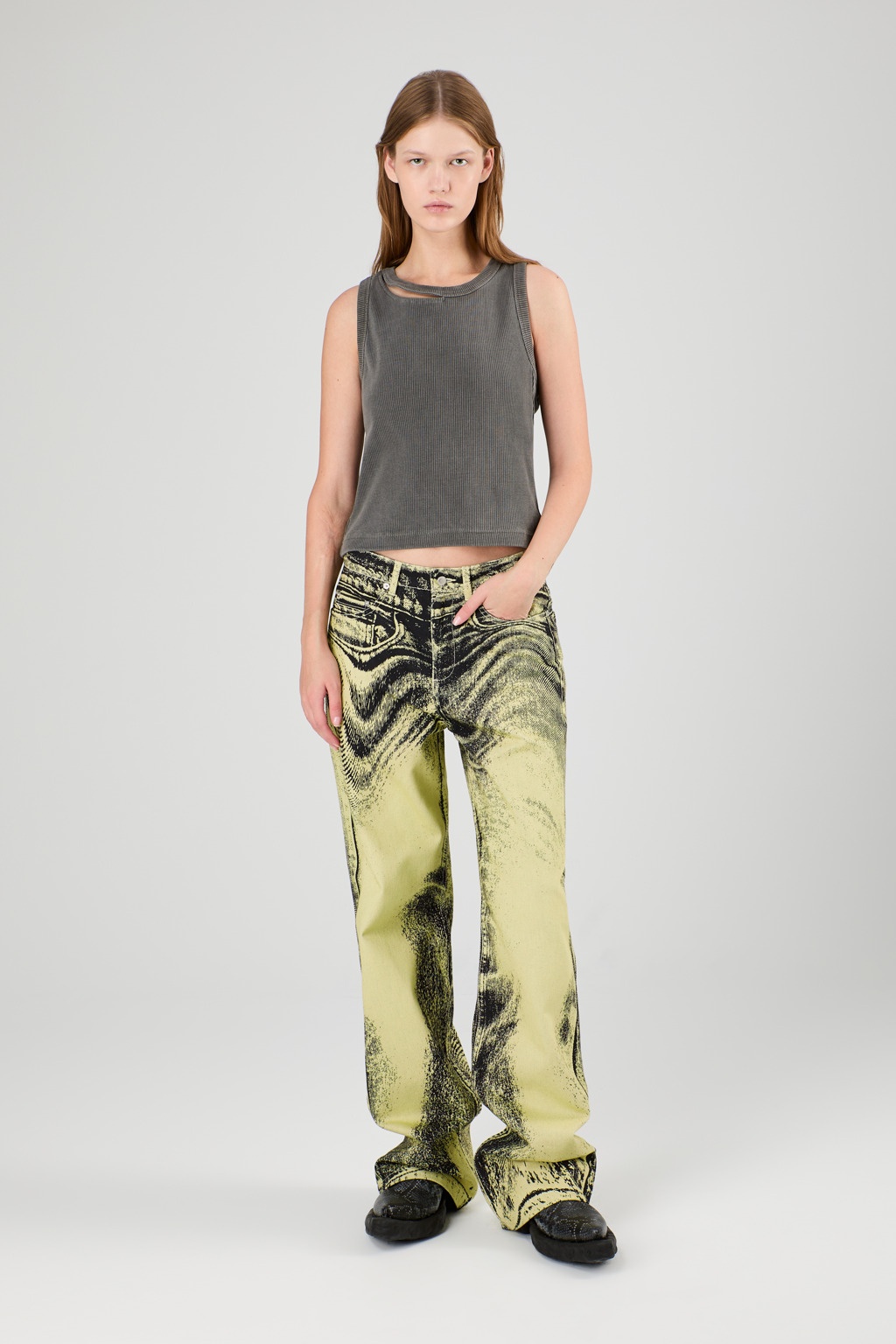 Yellow-Black Distorted Print Denim Jeans - 2