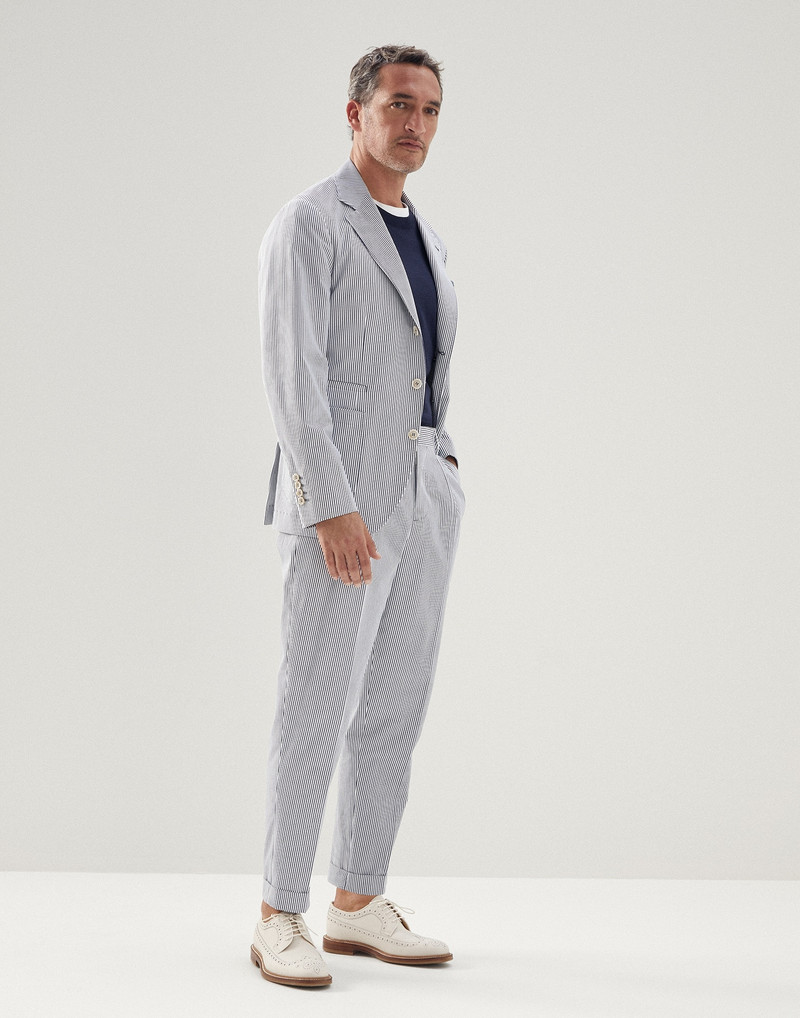 Brunello Cucinelli Striped comfort cotton easy fit trousers with double pleats and tabbed waistband outlook