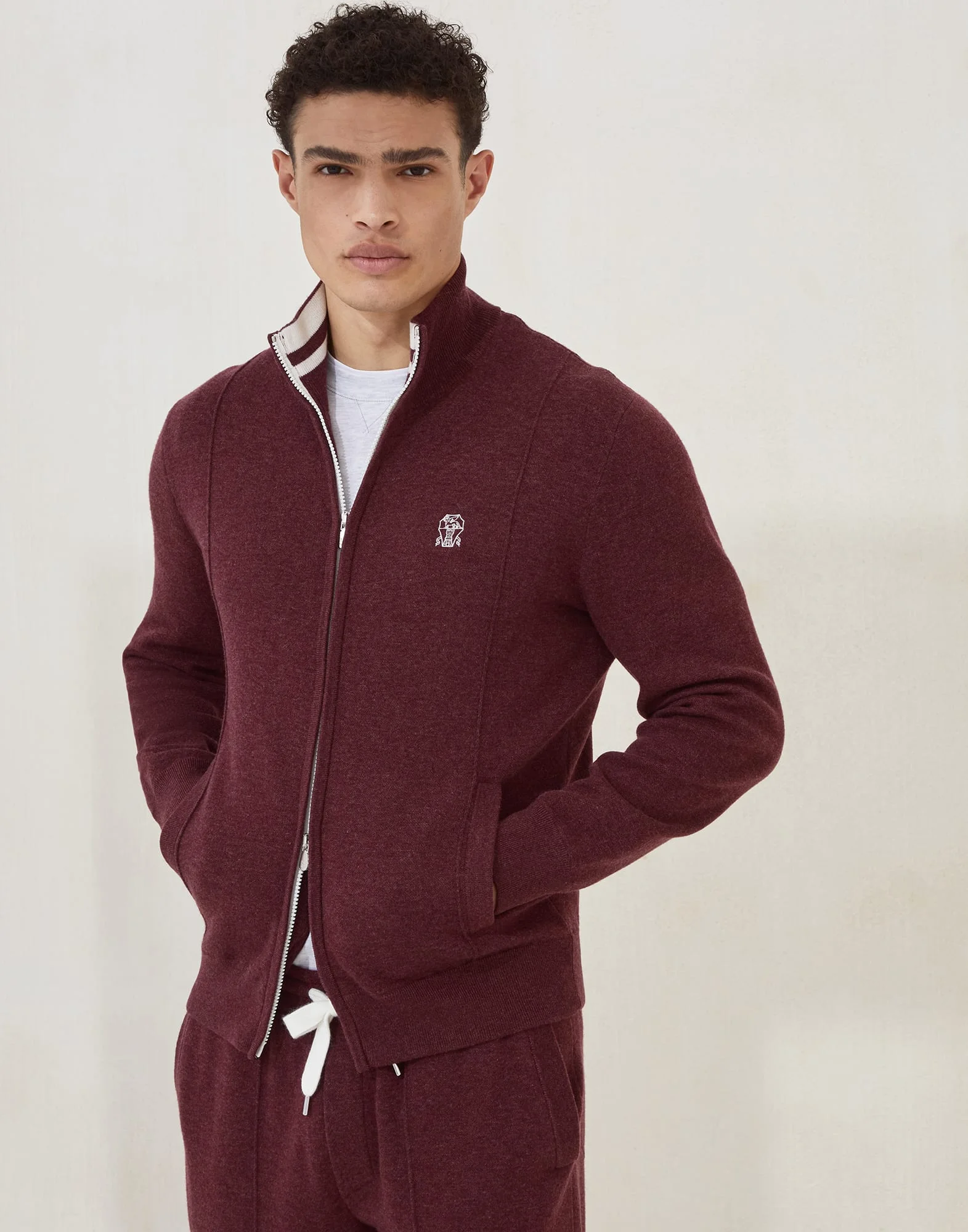 Cashmere double knit cardigan with zipper and logo - 1