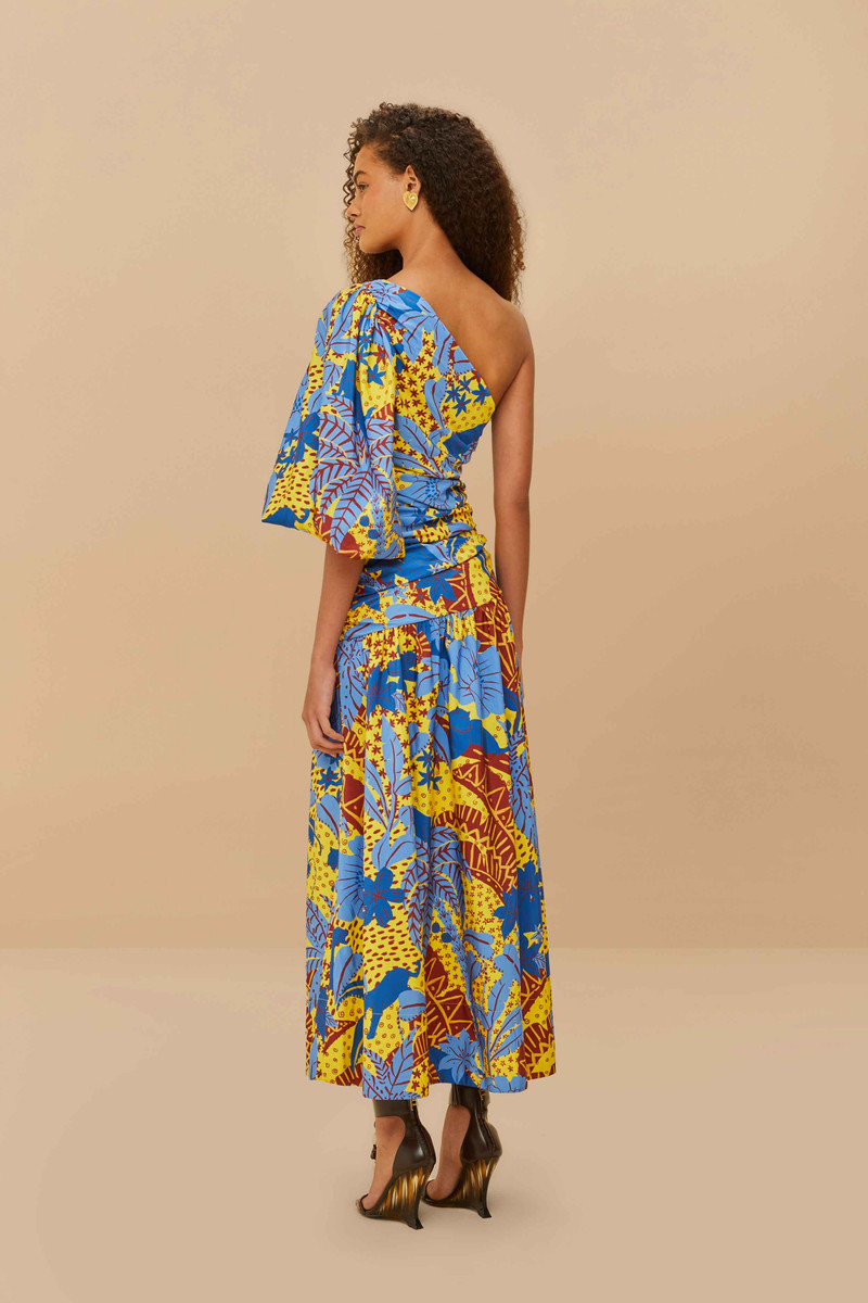 Yellow Jungle Panther One-Shoulder Midi Dress 4