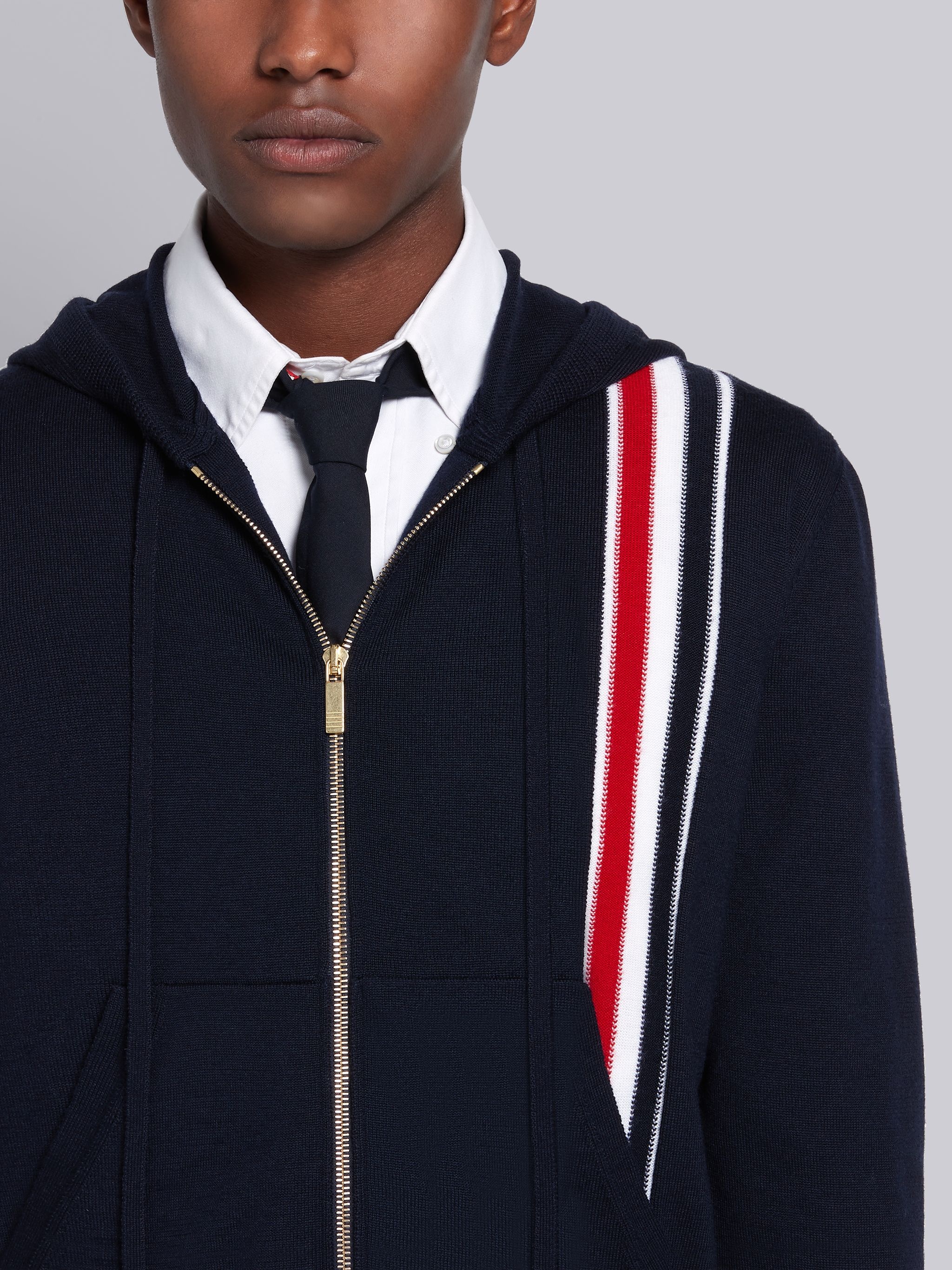 Navy Merino Wool Jersey Tricolor Intarsia Stripe Zip-up Hoodie - 5