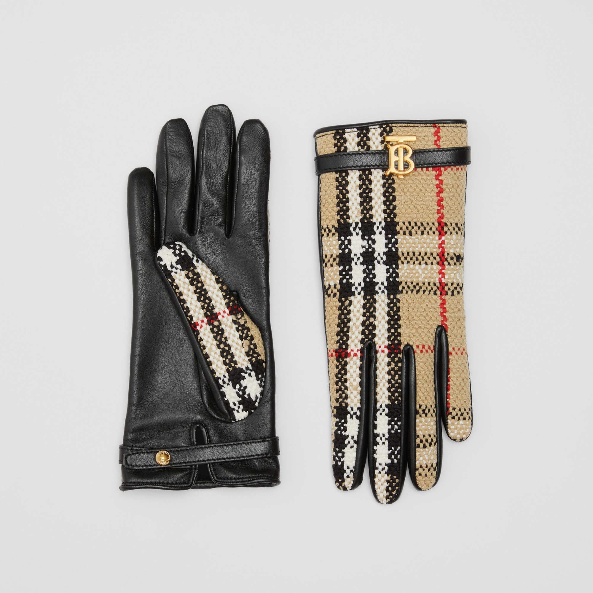 Vintage Check Bouclé and Leather Gloves - 1