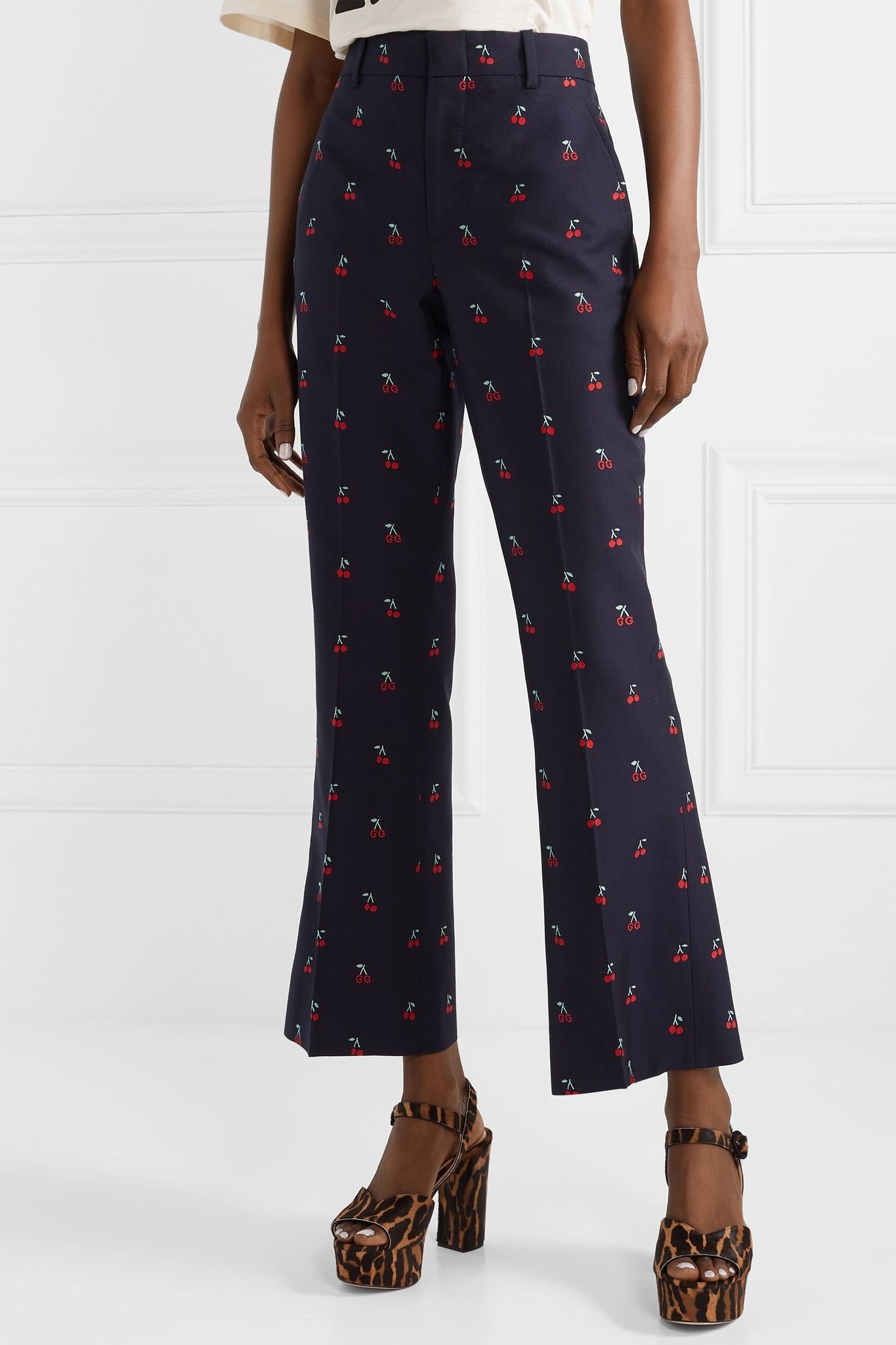 Embroidered cotton and wool-blend twill flared pants - 3