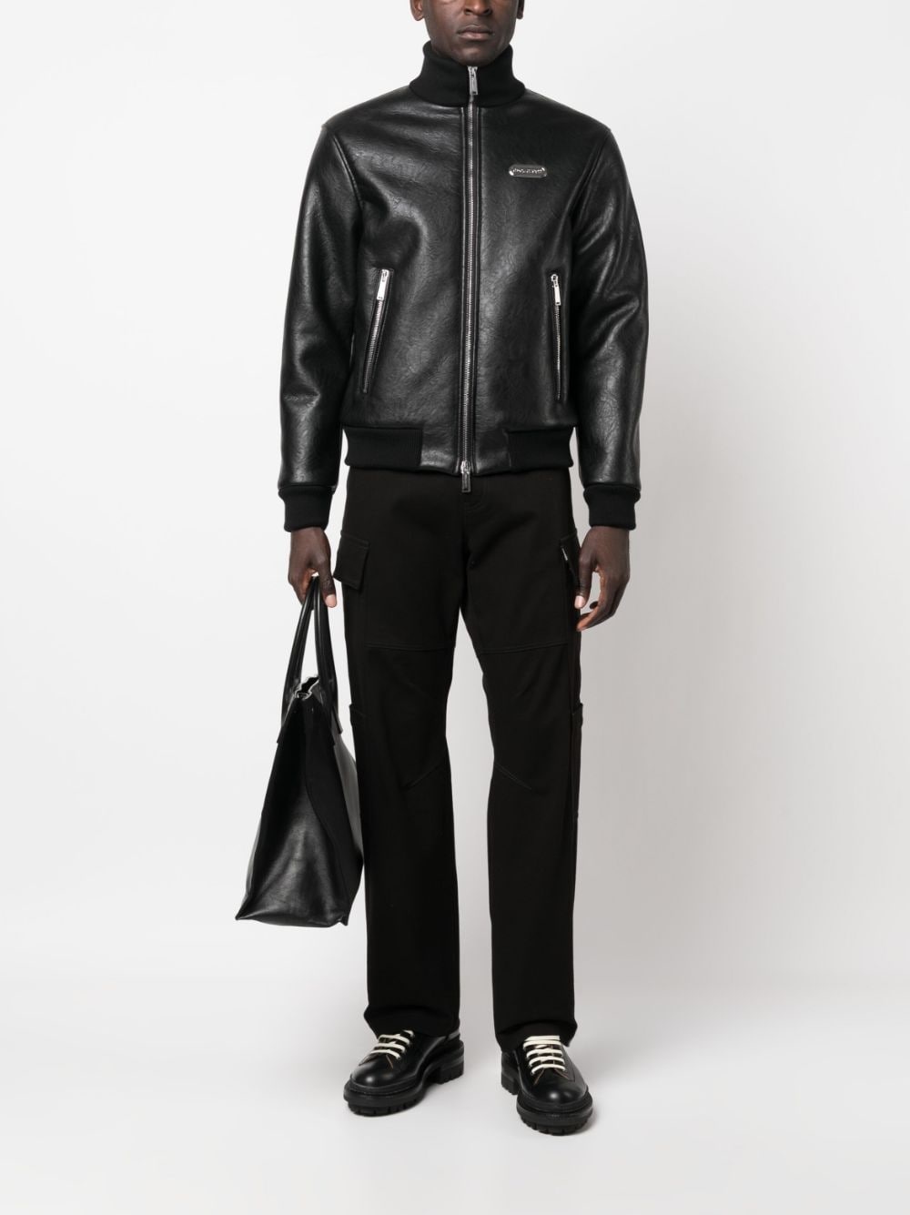 logo-plaque zipped faux-leather jacket - 2