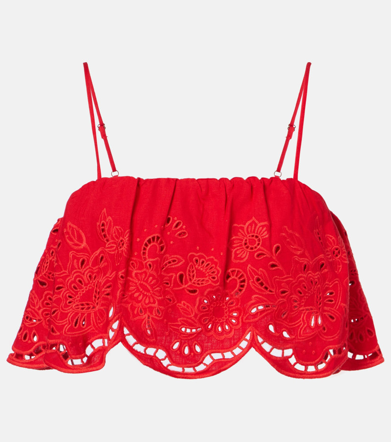 Broderie anglaise linen-blend crop top 1