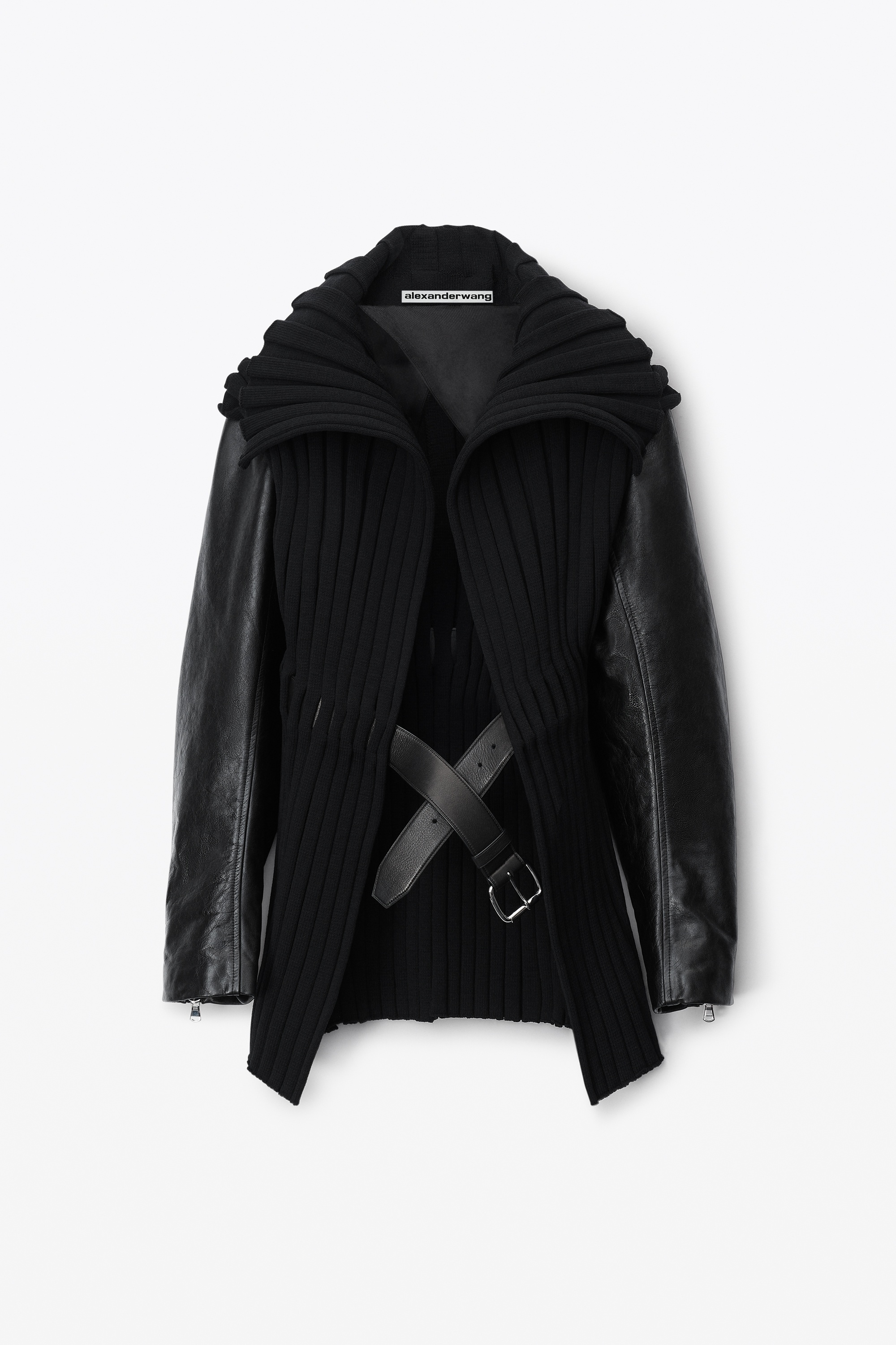 belted knit coat with moto sleeve and embossed logo - 1