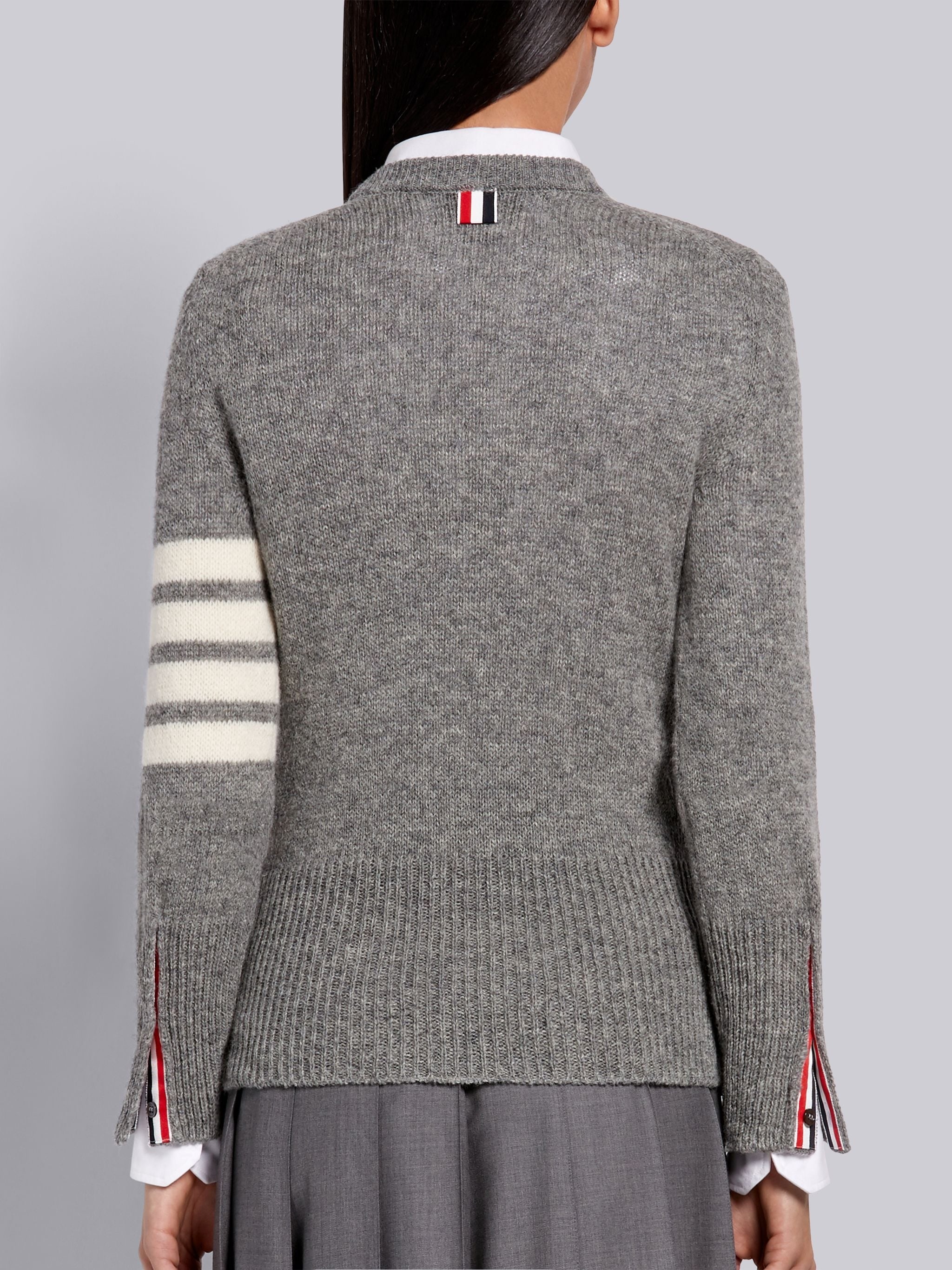 Light Grey Shetland Wool Jersey Classic Crewneck 4-Bar Pullover - 3