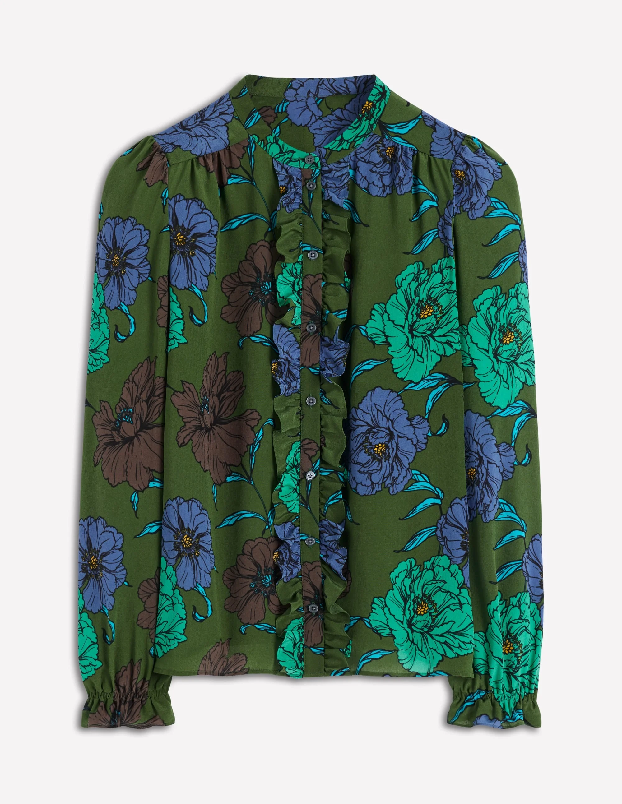 Alice Frill Front Silk Top-Green, Peony Bloom - 1