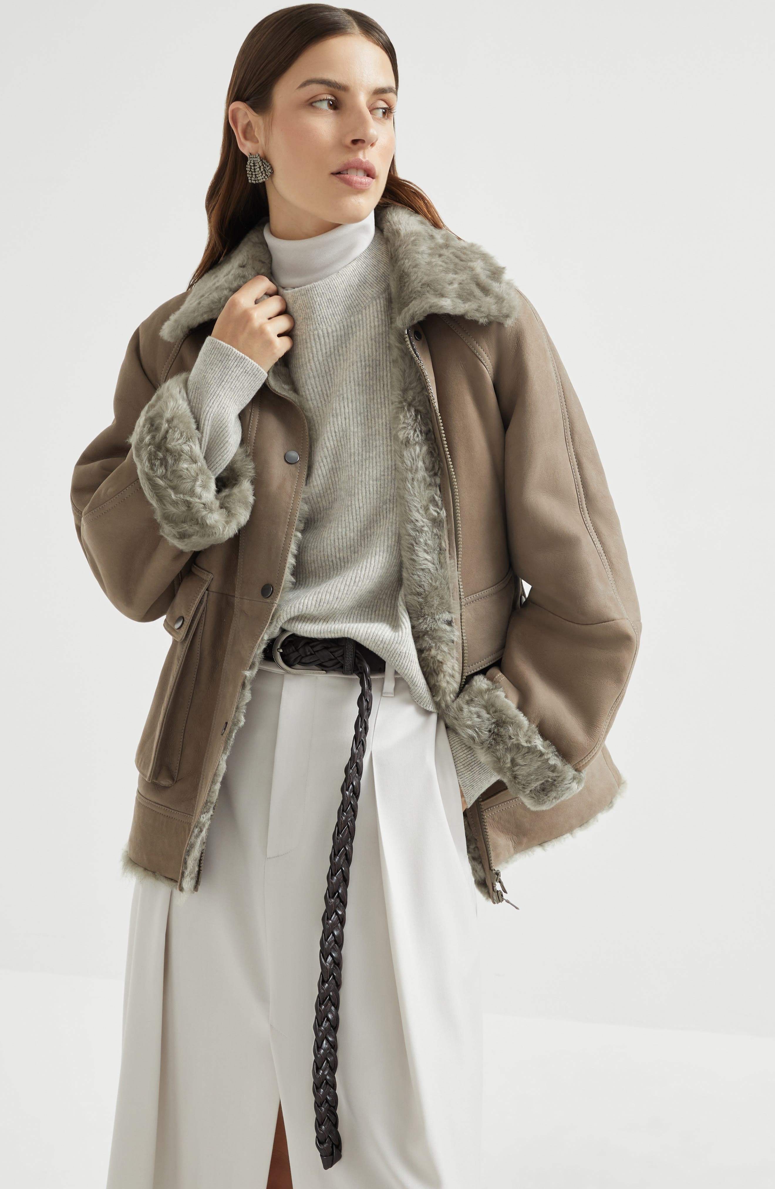 Brunello Cucinelli Fuzzy shearling outerwear jacket in Light Brown at Nordstrom - 5