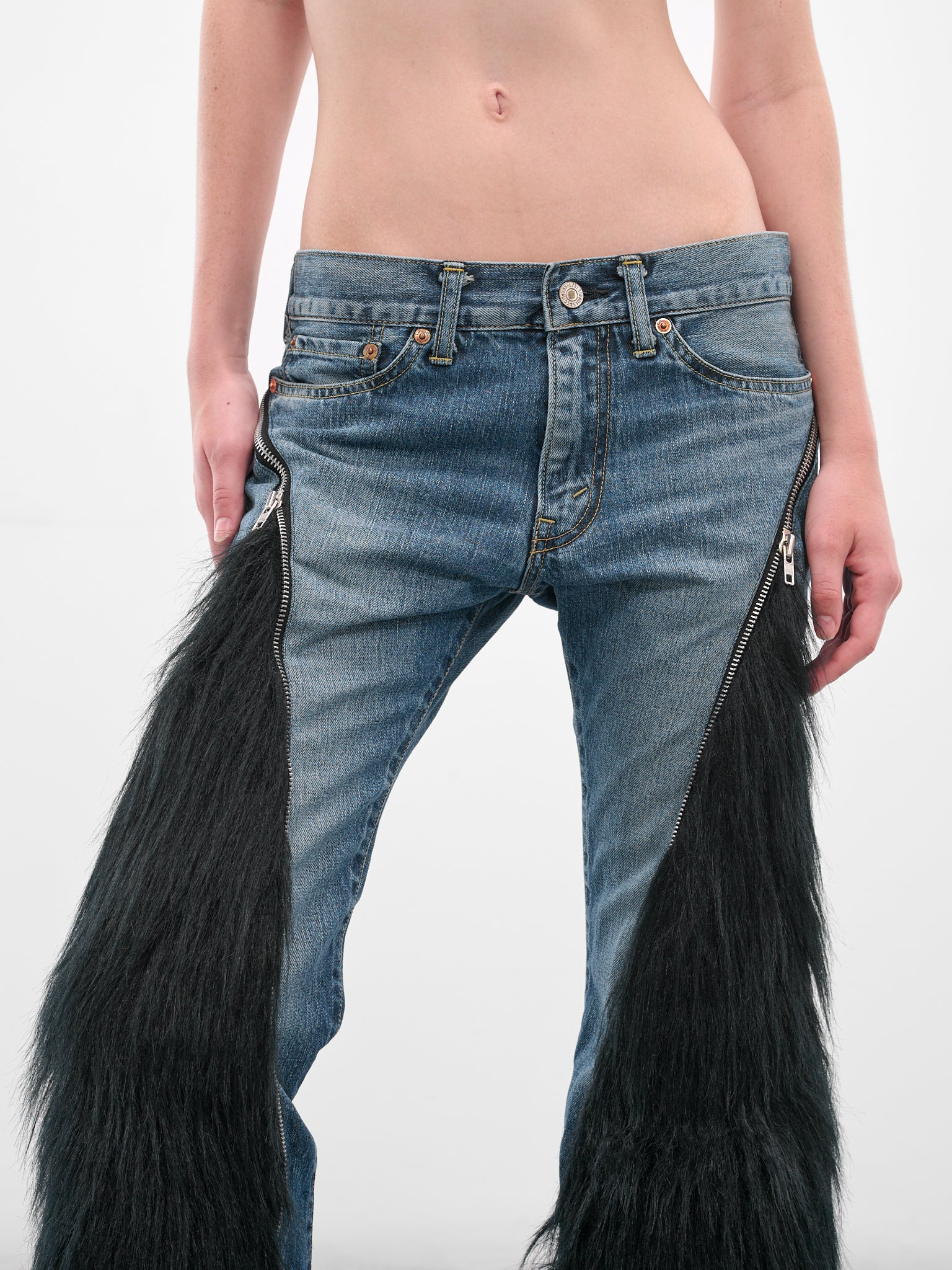 Denim & Fur Paneled Flare Jeans - 4