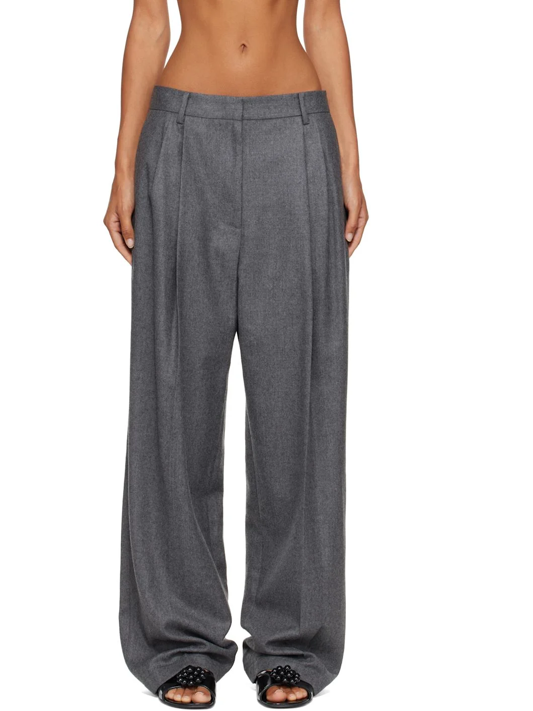 Gray Tuck Tailored Wool Trousers - 1