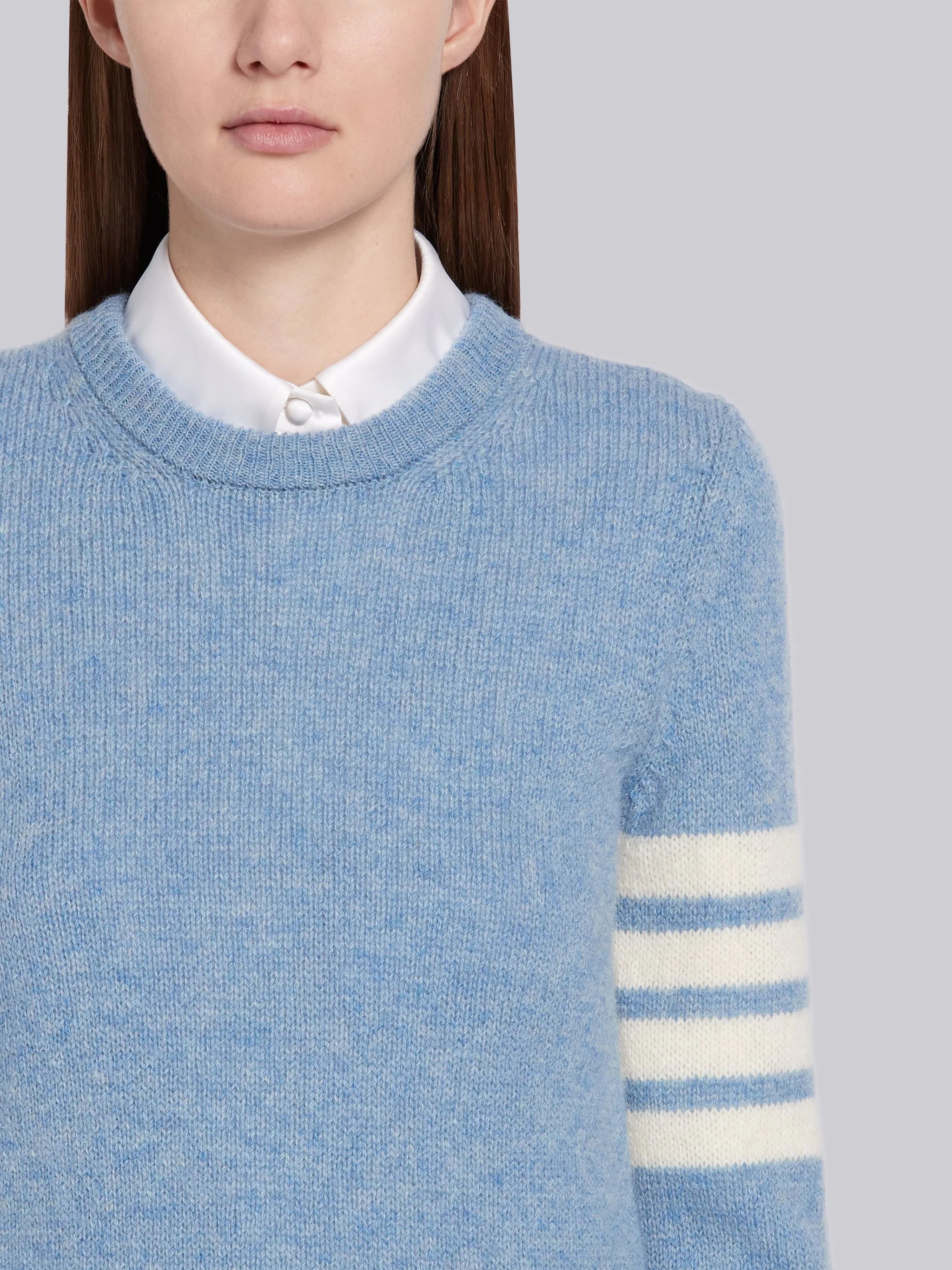 Light Blue Shetland Wool Jersey Classic Crewneck 4-Bar Pullover - 5