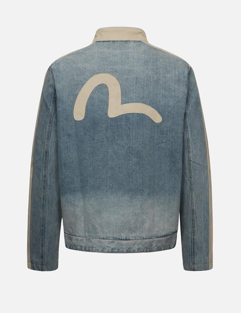 EVISU LEATHER LOGO AND SEAGULL APPLIQUÉ REGULAR FIT DENIM MOTO JACKET outlook