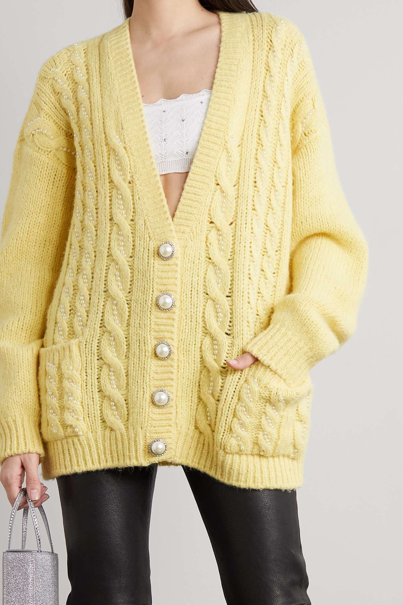 Faux pearl-embellished cable-knit alpaca-blend cardigan - 3
