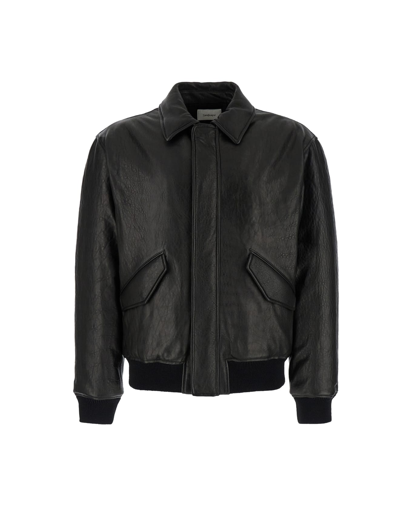 Black Bomber Jacket With Classic Collar In Leather Man - 1