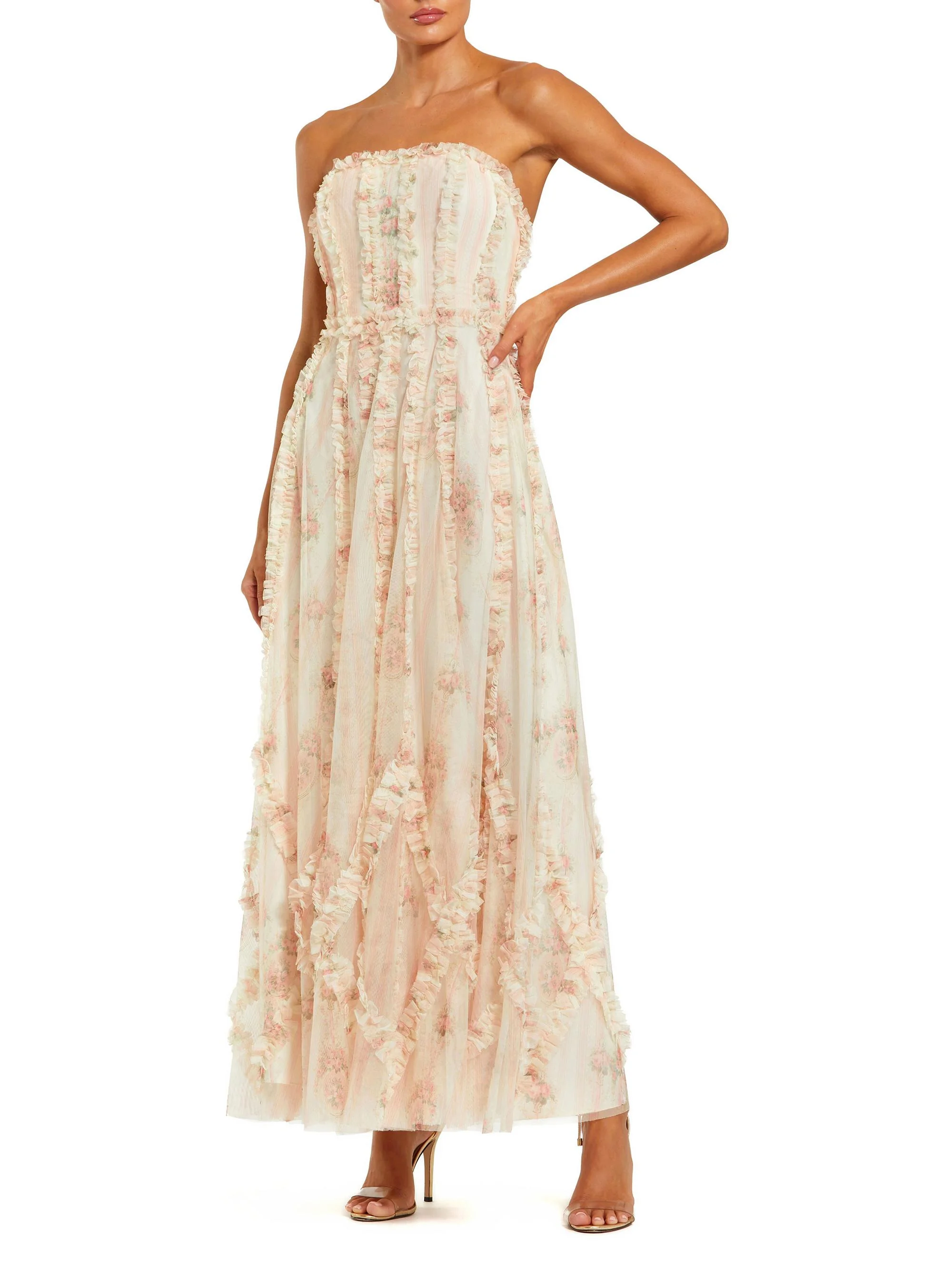 Women's Floral Mesh Ruffled Strapless Gown - Ivory Multi - 1