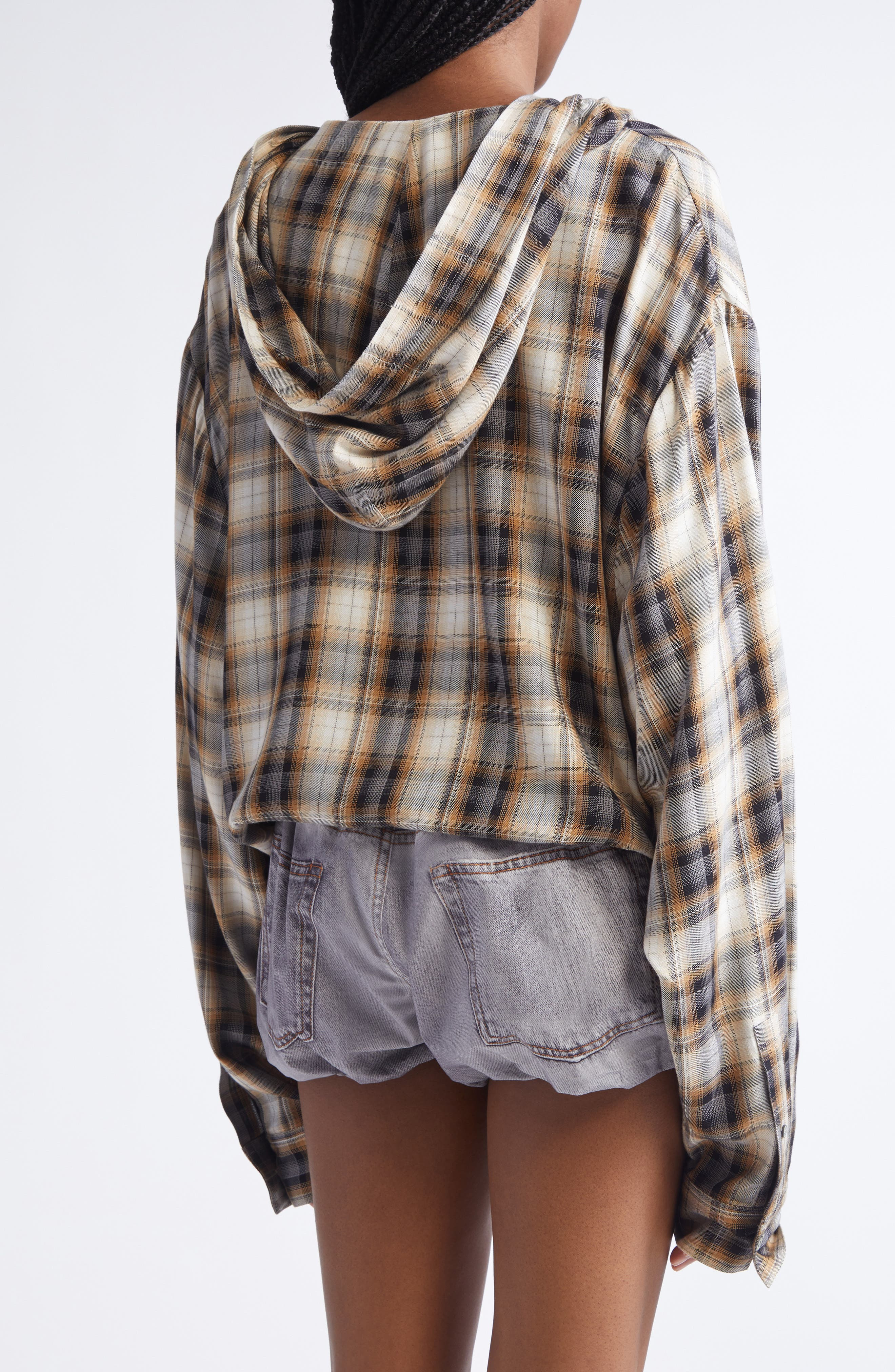 Acne Studios Sip Check Flannel Hooded Overshirt in Beige/Black at Nordstrom - 3
