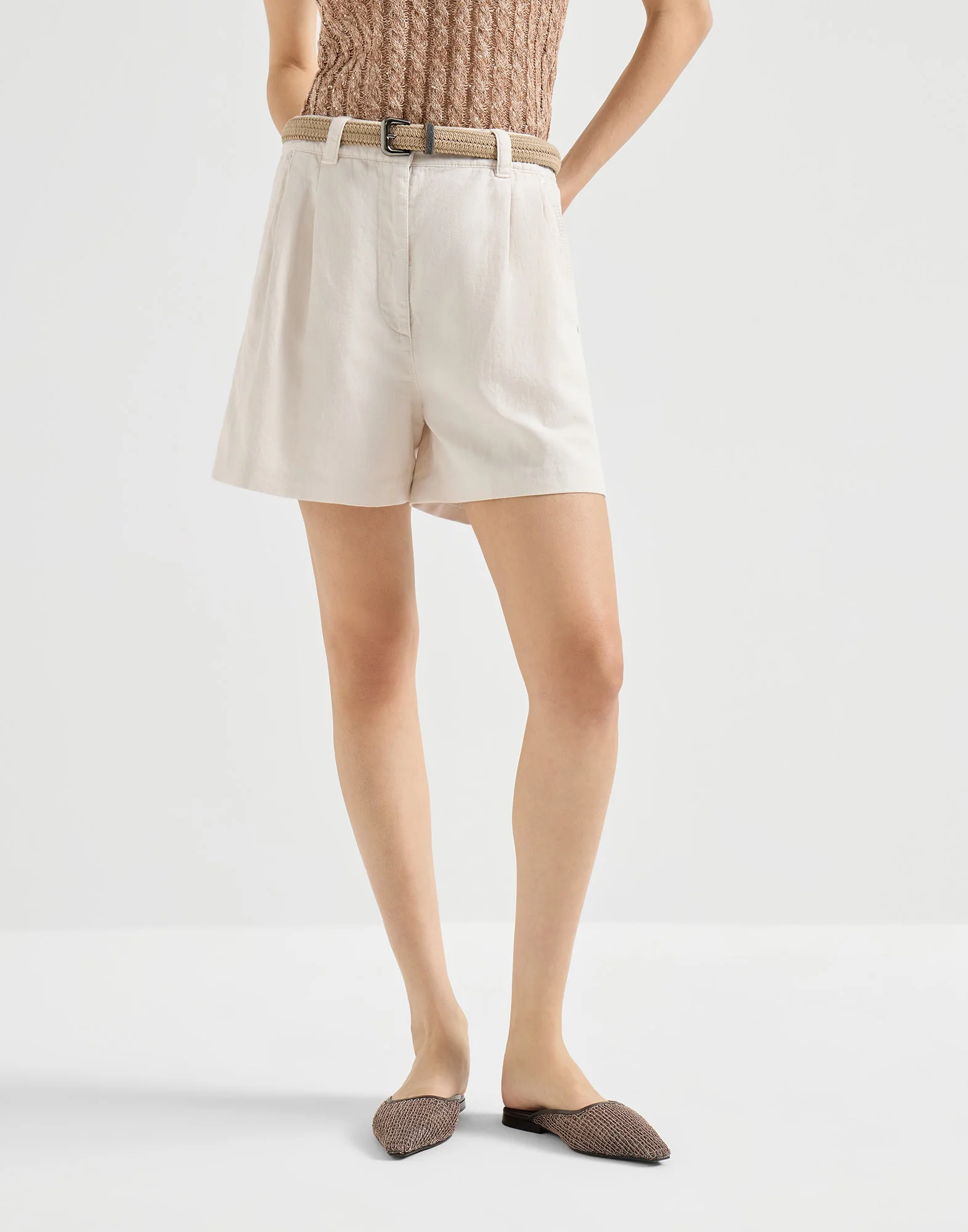 Garment-dyed cotton and linen cover baggy shorts with monili - 1