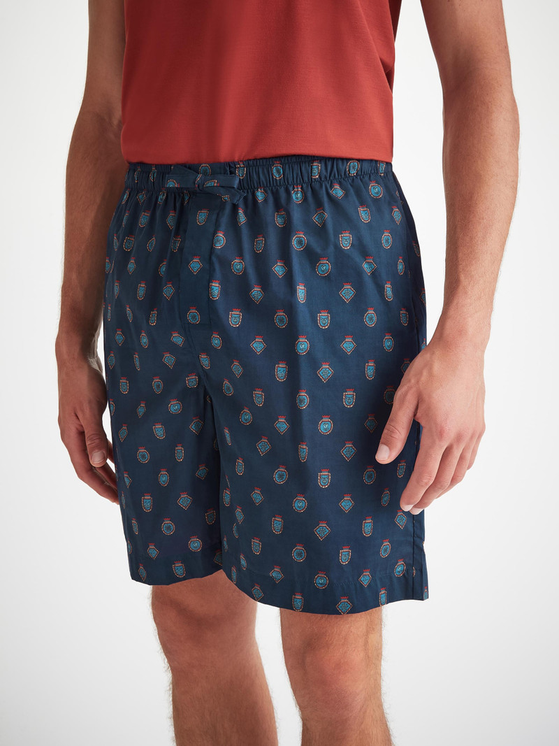 Men's Lounge Shorts Cotton Batiste Navy Badge Print 1