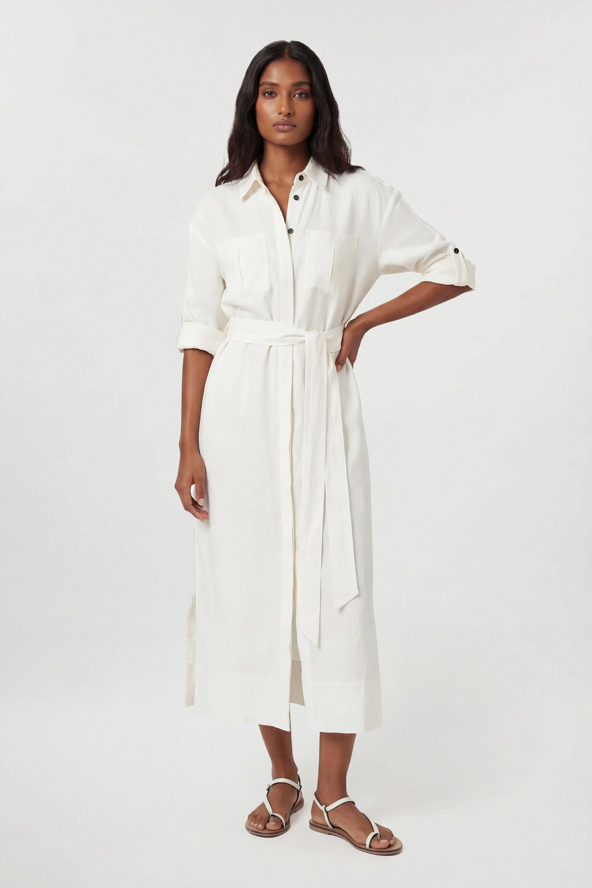 Viscose Linen Woven Belted Shirt Dress - 1