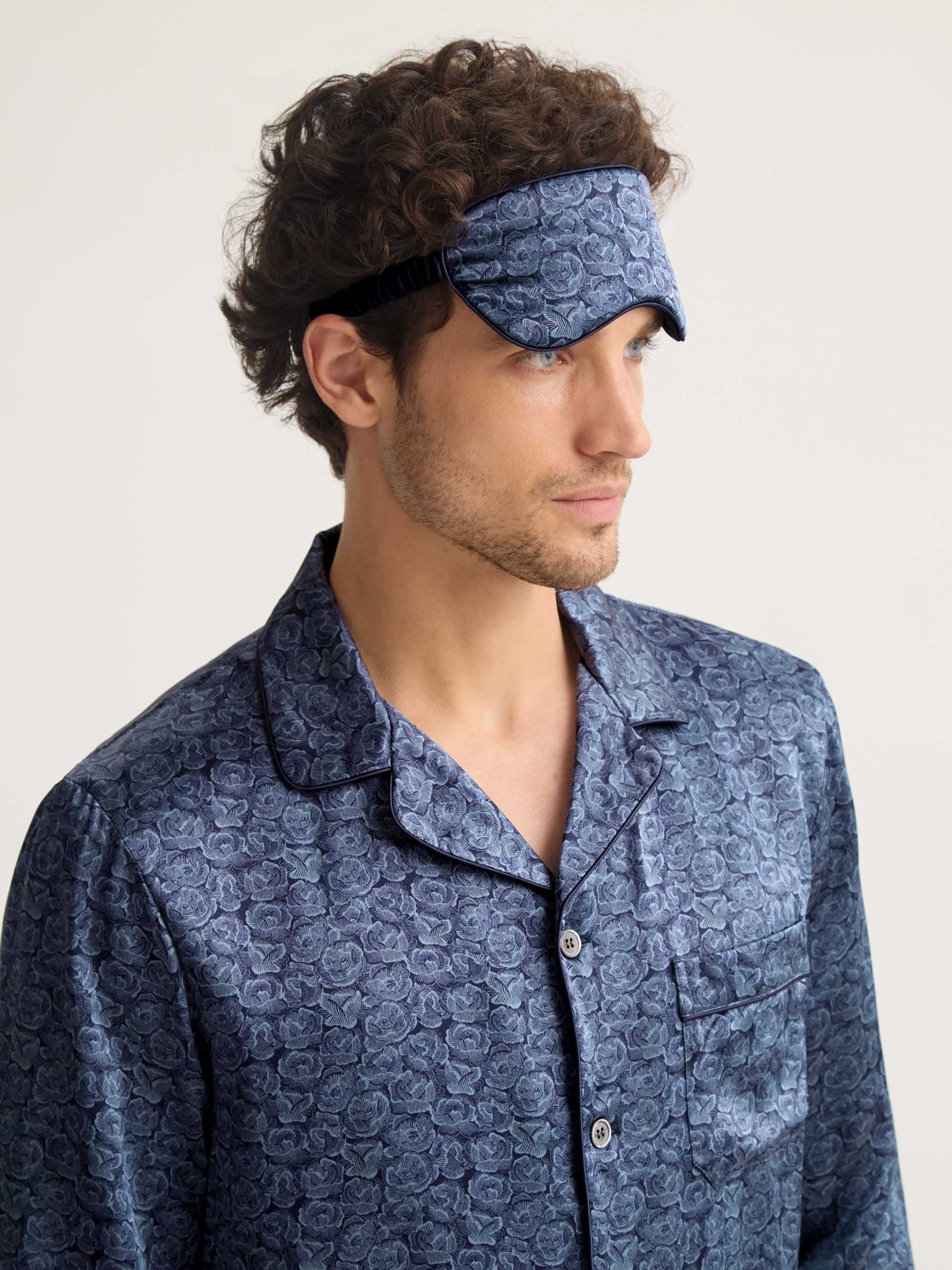 Silk Eye Mask Navy Blue Rose Print - 4