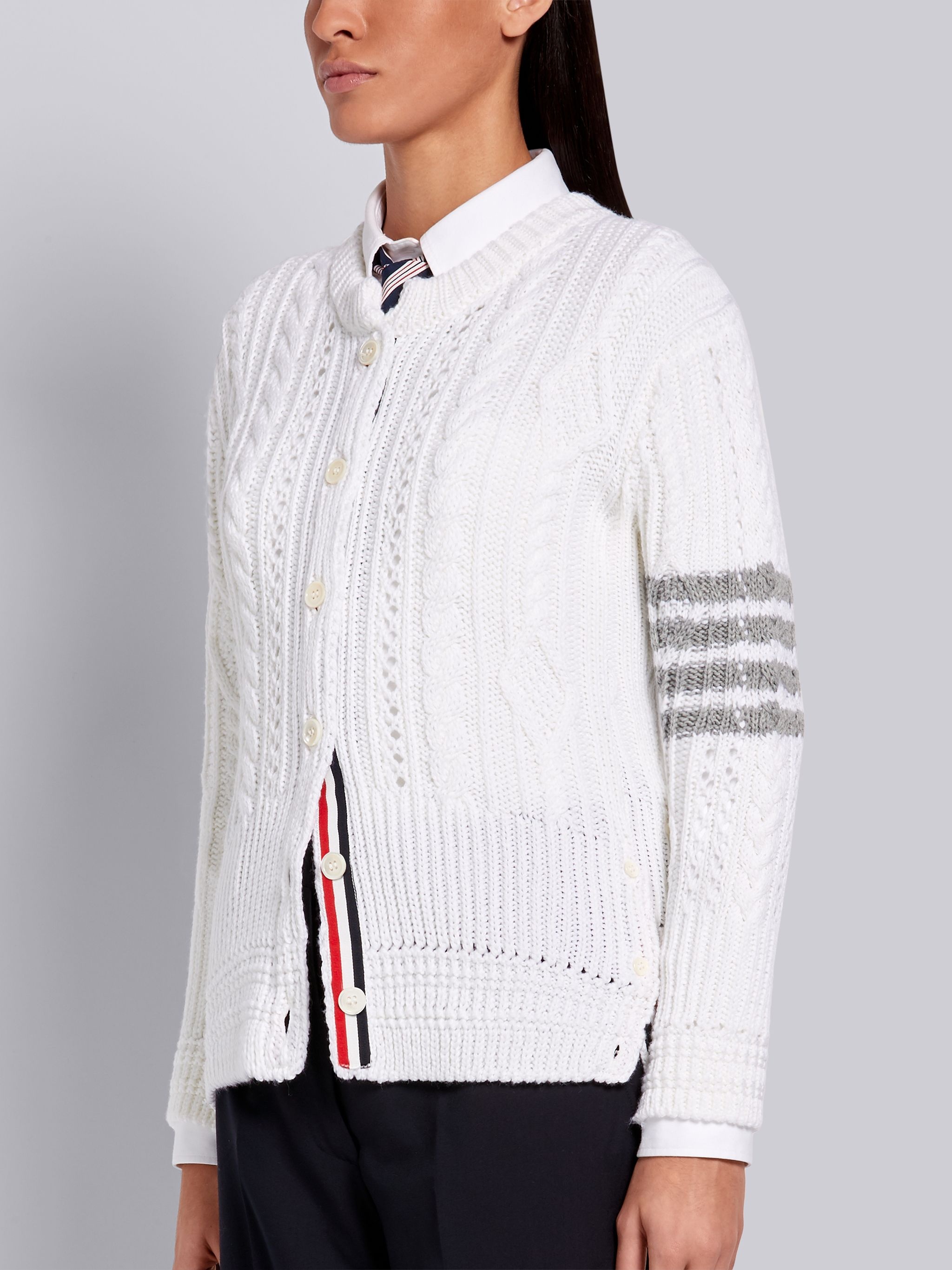 White Fine Merino Wool Aran Cable Classic Crewneck 4-Bar Cardigan - 2