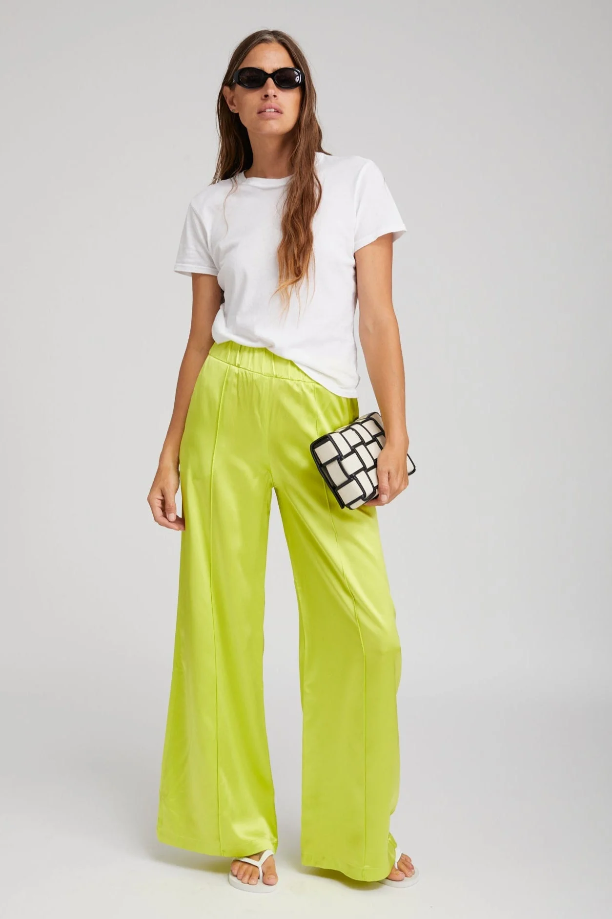 ELECTRIC CHARTREUSE SILK WIDE LEG PINTUCK PANTS - 1