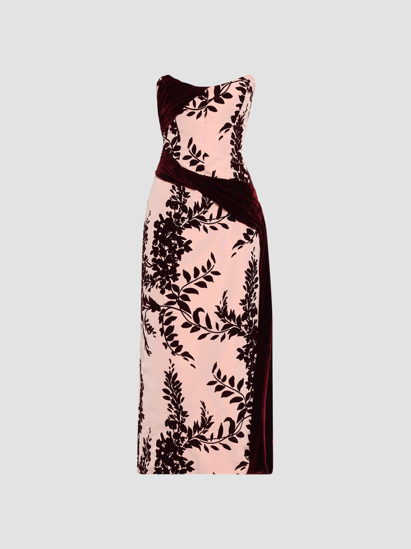Women's Flocked Taffeta Velvet-Draped Midi Dress - Dusty Rose Oxblood 1