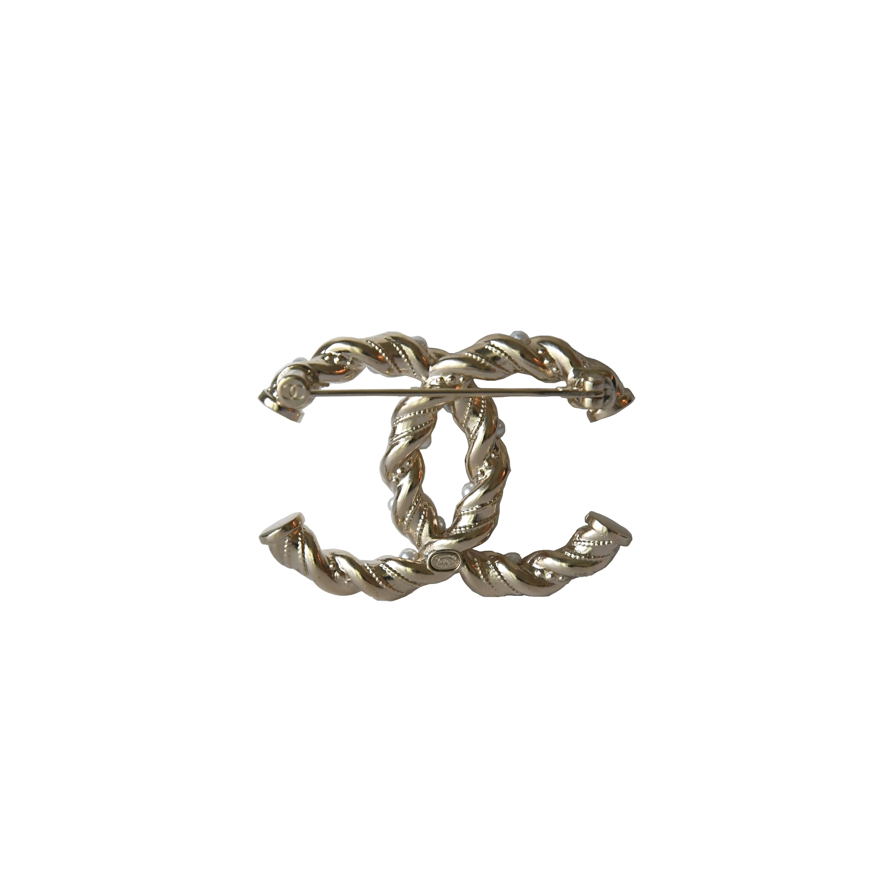 Chanel CC Crystal Strass Pearl Twisted Brooch Gold - 2