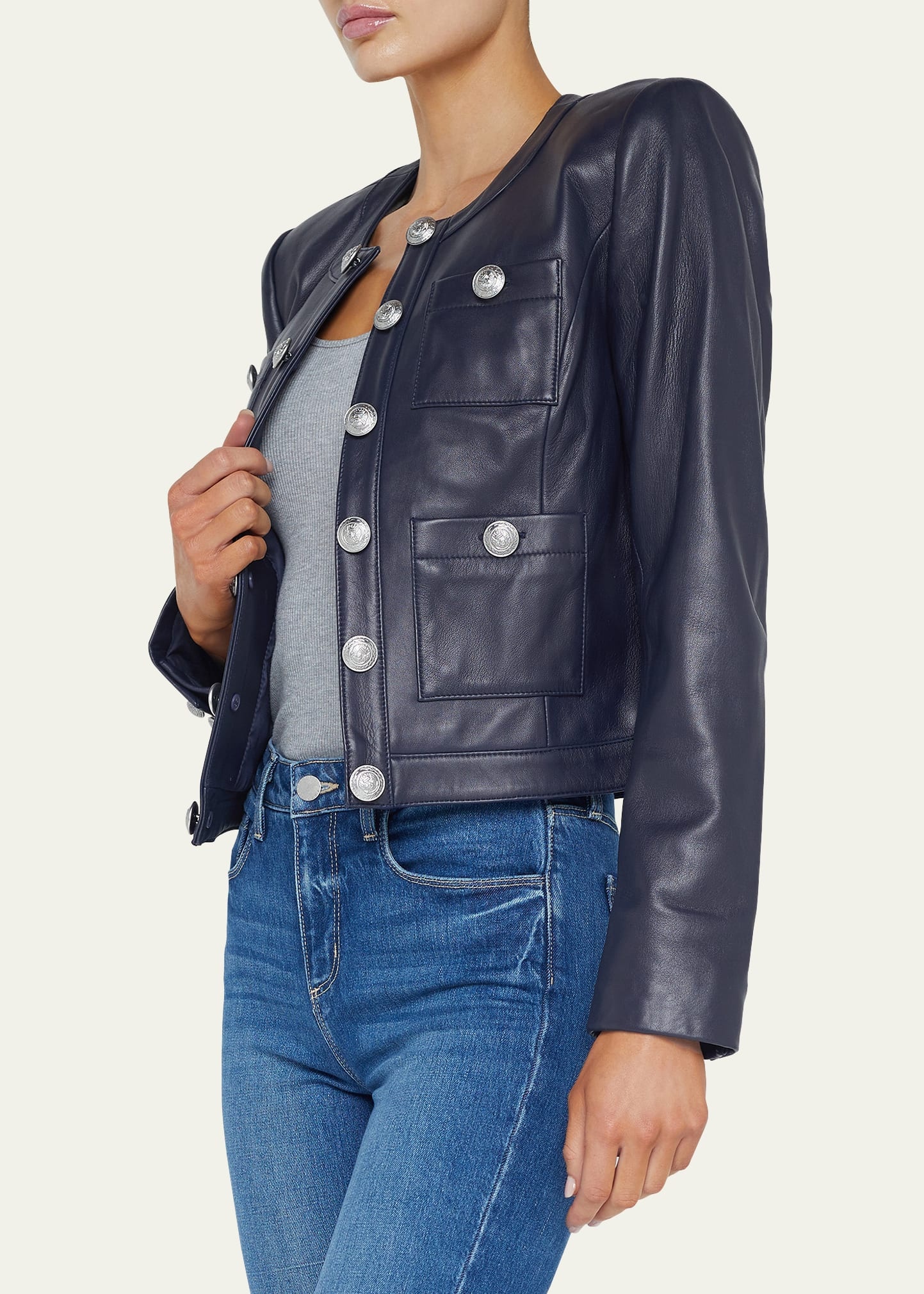 Jayde Collarless Leather Jacket - 4