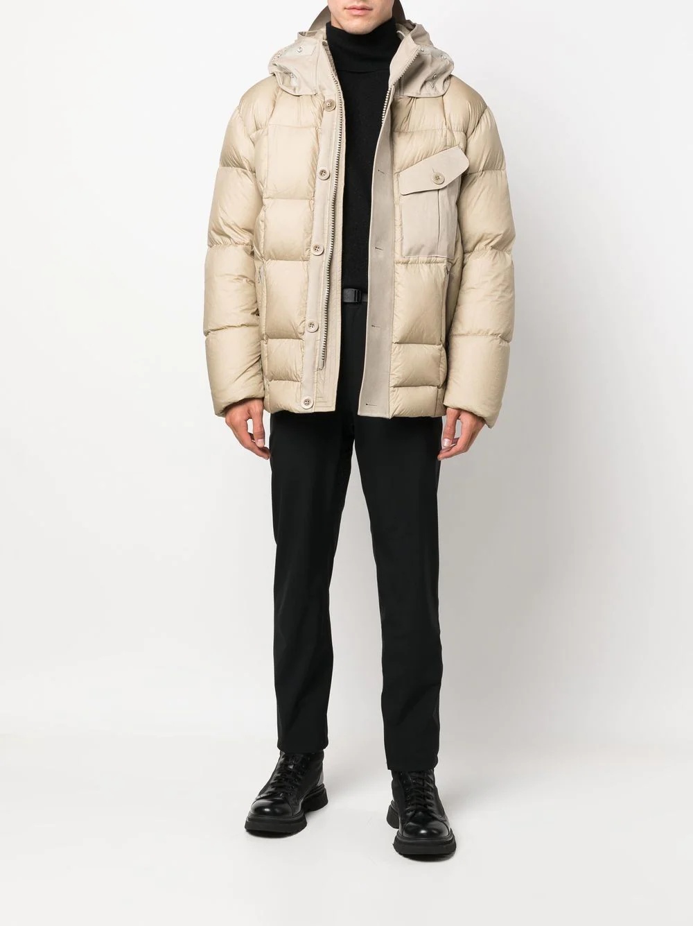 hooded button fasten puffer jacket - 2