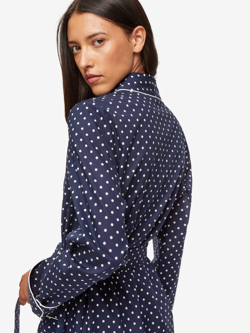 Women's Long Dressing Gown Plaza 60 Cotton Batiste Navy - 3