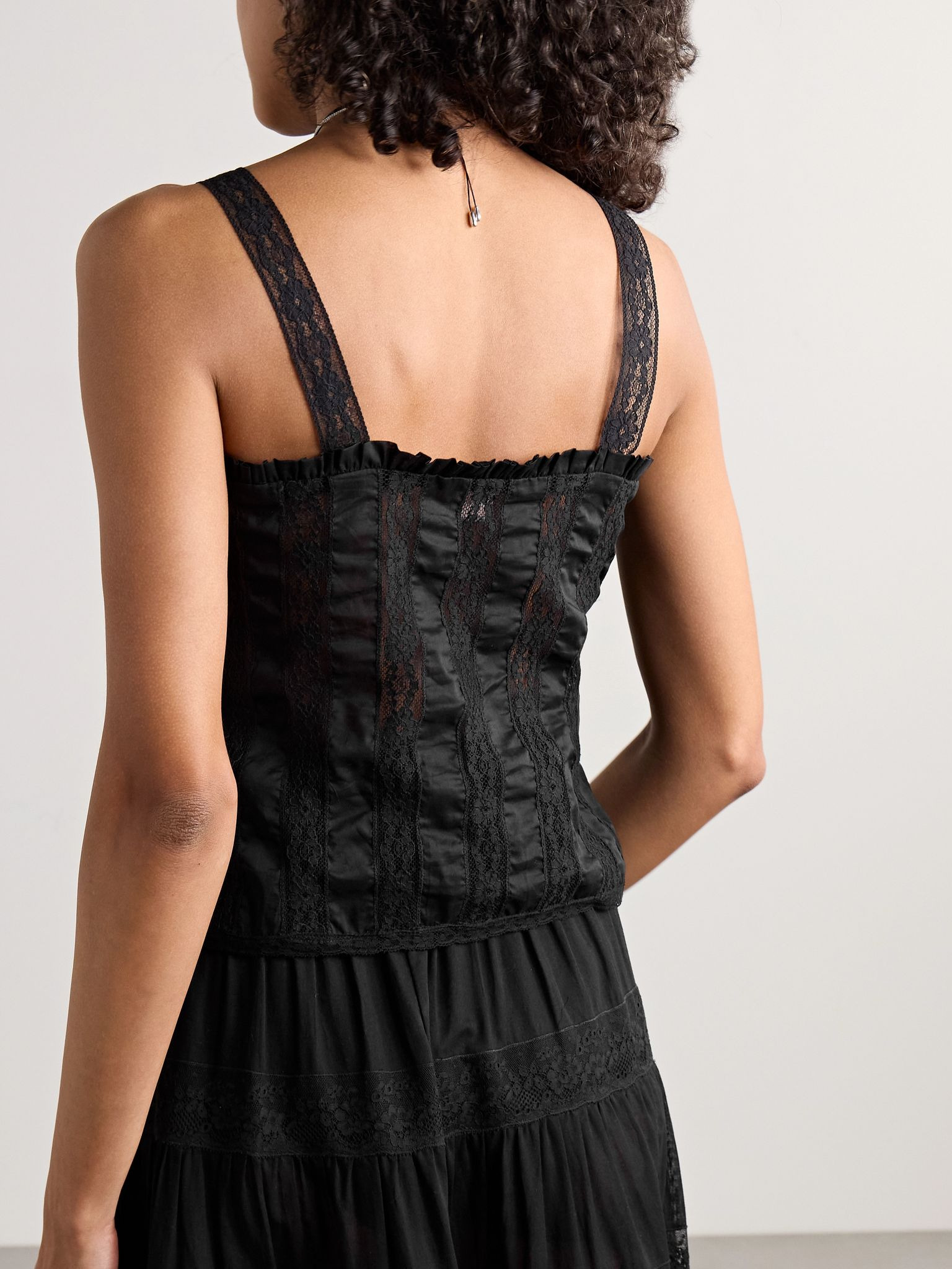 Radda ruffled paneled cotton-voile and lace top Black - 3