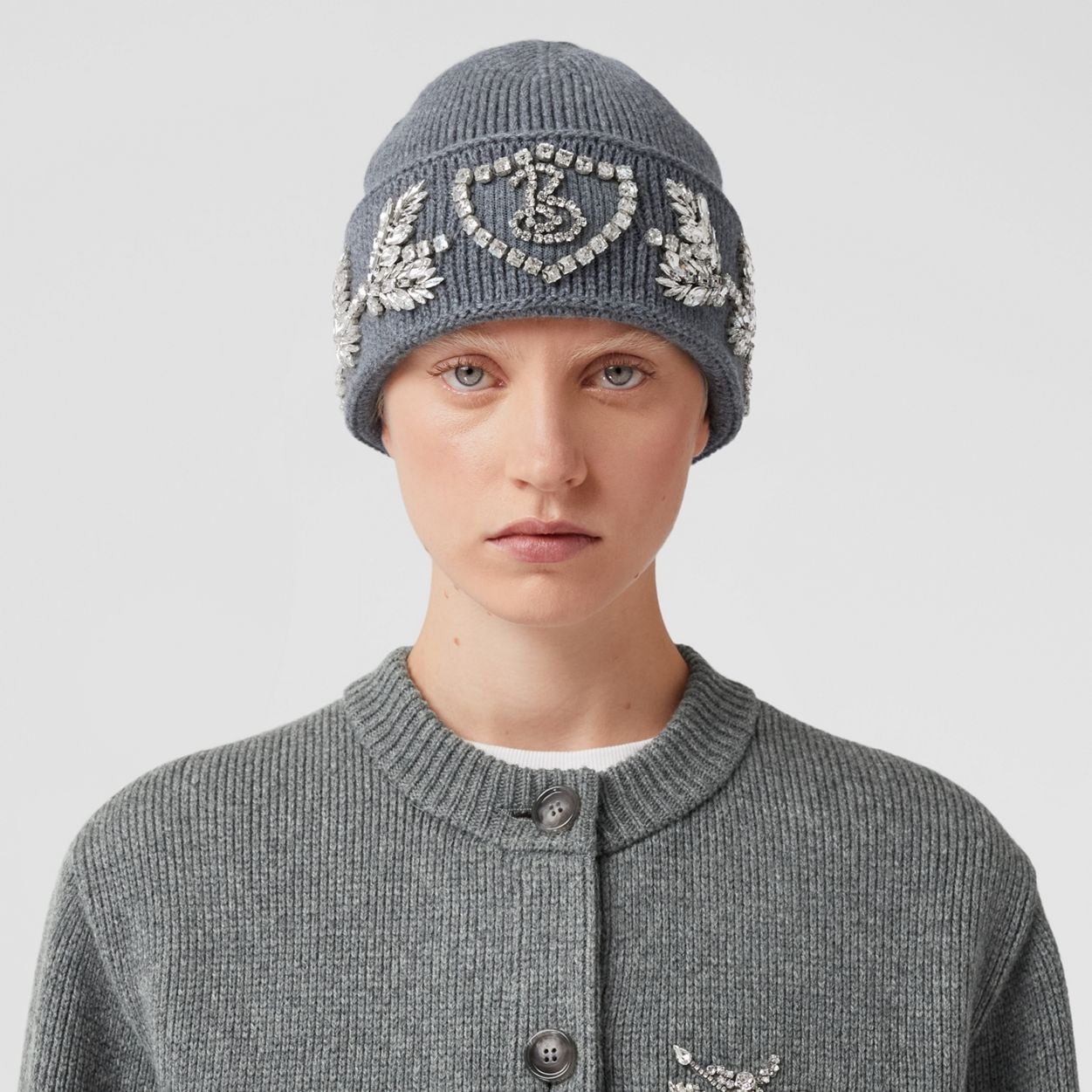Crystal Oak Leaf Crest Wool Cashmere Beanie - 3