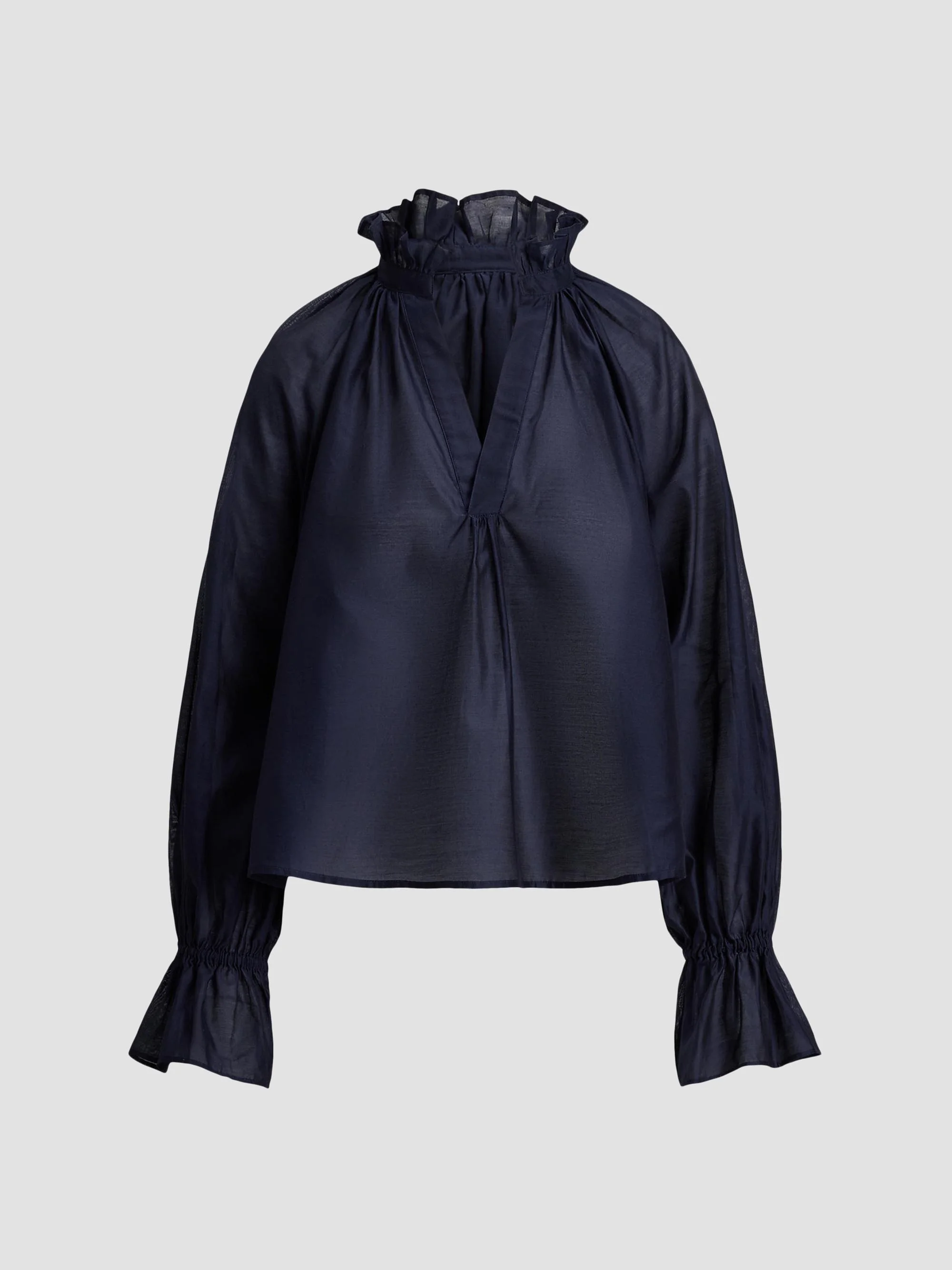 Women's Cotton-Silk Organdy Ruffle Blouse - Hunter Navy - 1