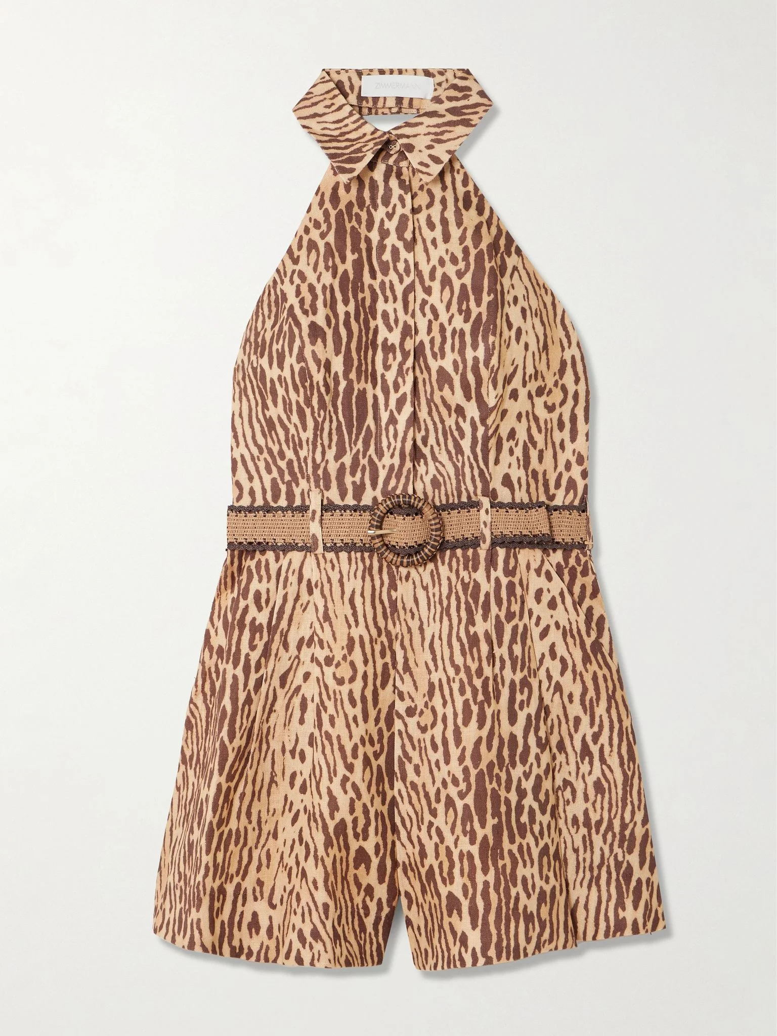 Cascadian belted pleated leopard-print linen playsuit Leopard print - 1