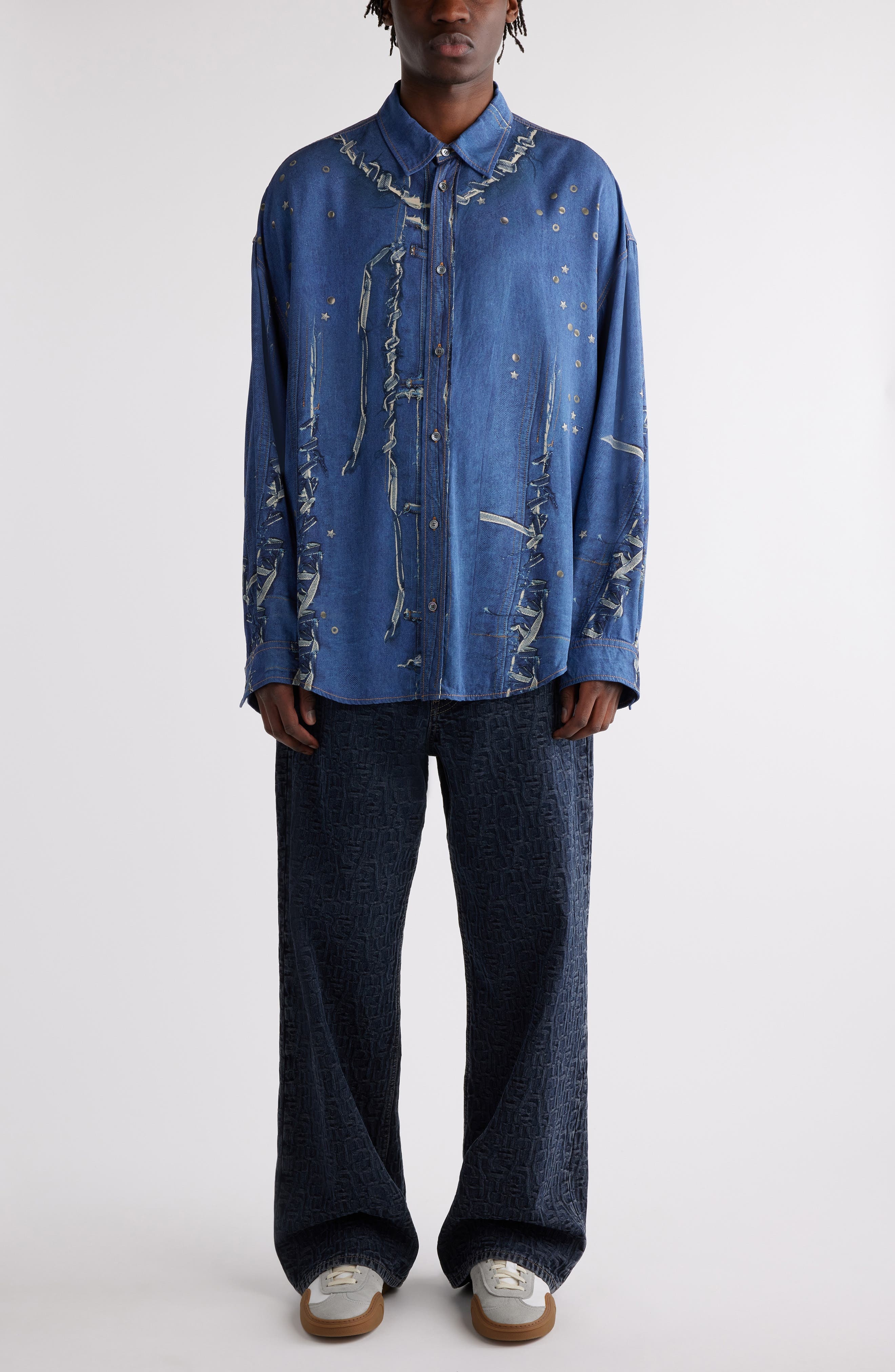 Acne Studios Trompe l'Oeil Repaired & Embellished Button-Up Shirt in Navy Multi at Nordstrom - 2