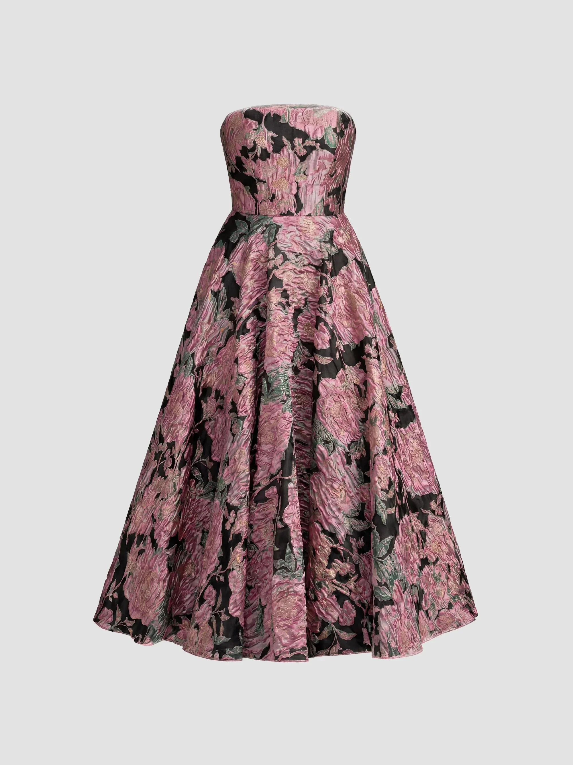 Women's Strapless Floral Brocade Midi-Dress - Black Multi - 1