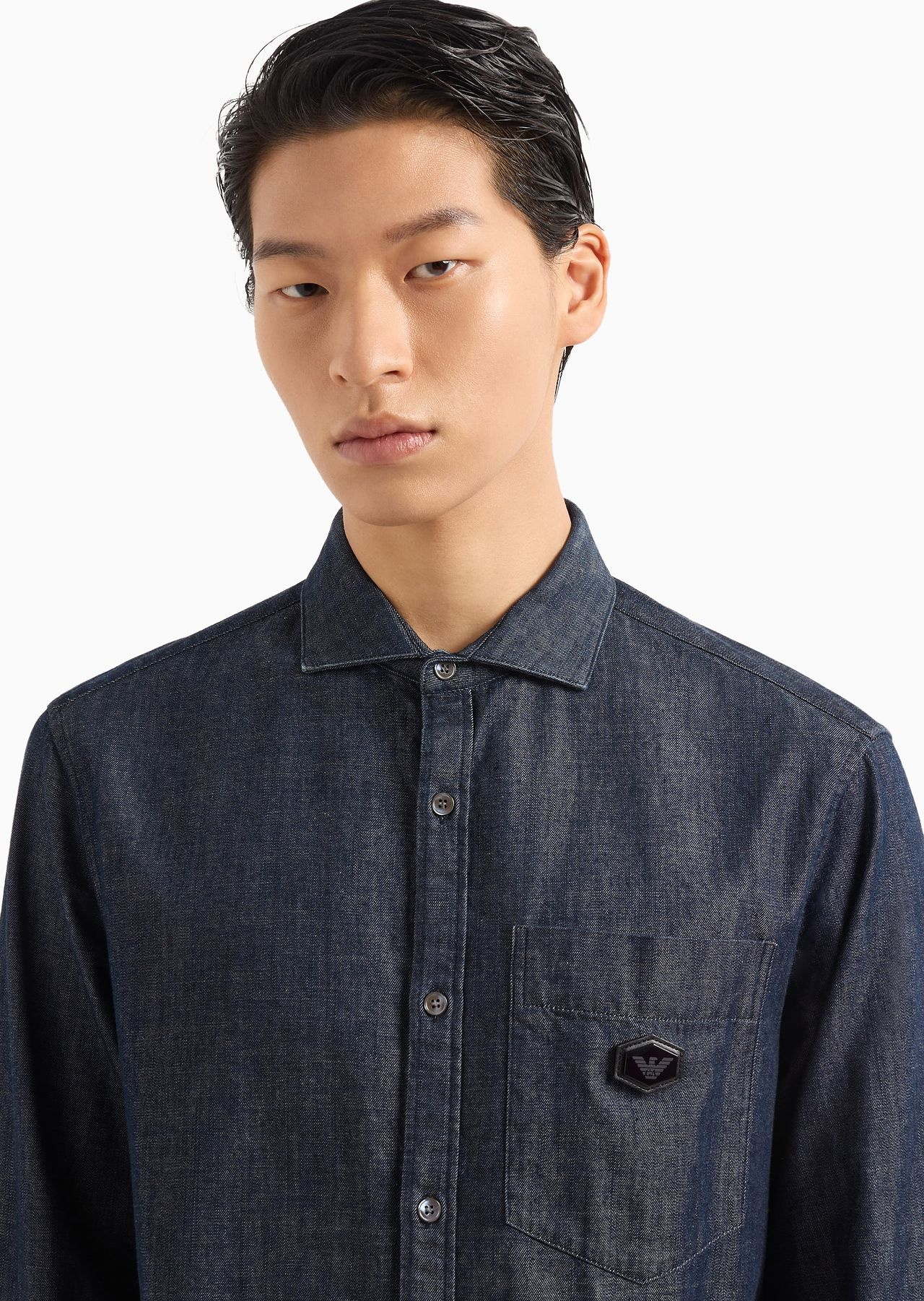 Denim shirt with breast pocket and logo patch - 5