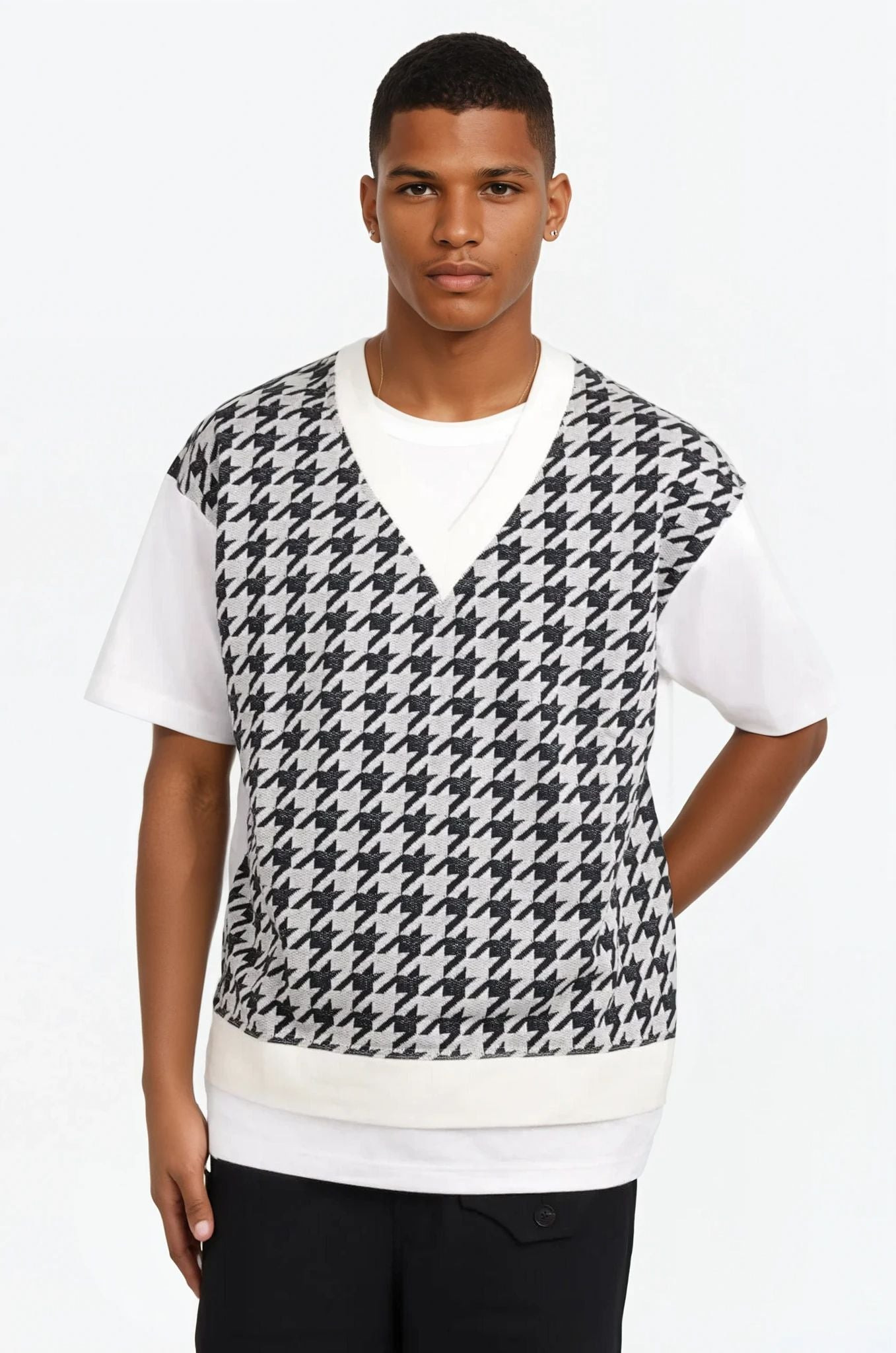 LAYERED T-SHIRT/HOUNDSTOOTH KNIT S/S T-SHIRT | WHITE/BLACK - 2