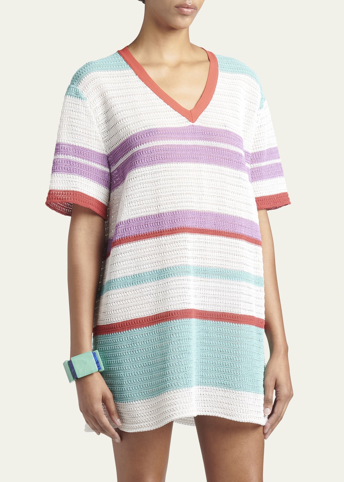 Striped Crochet Mini T-Shirt Dress - 3